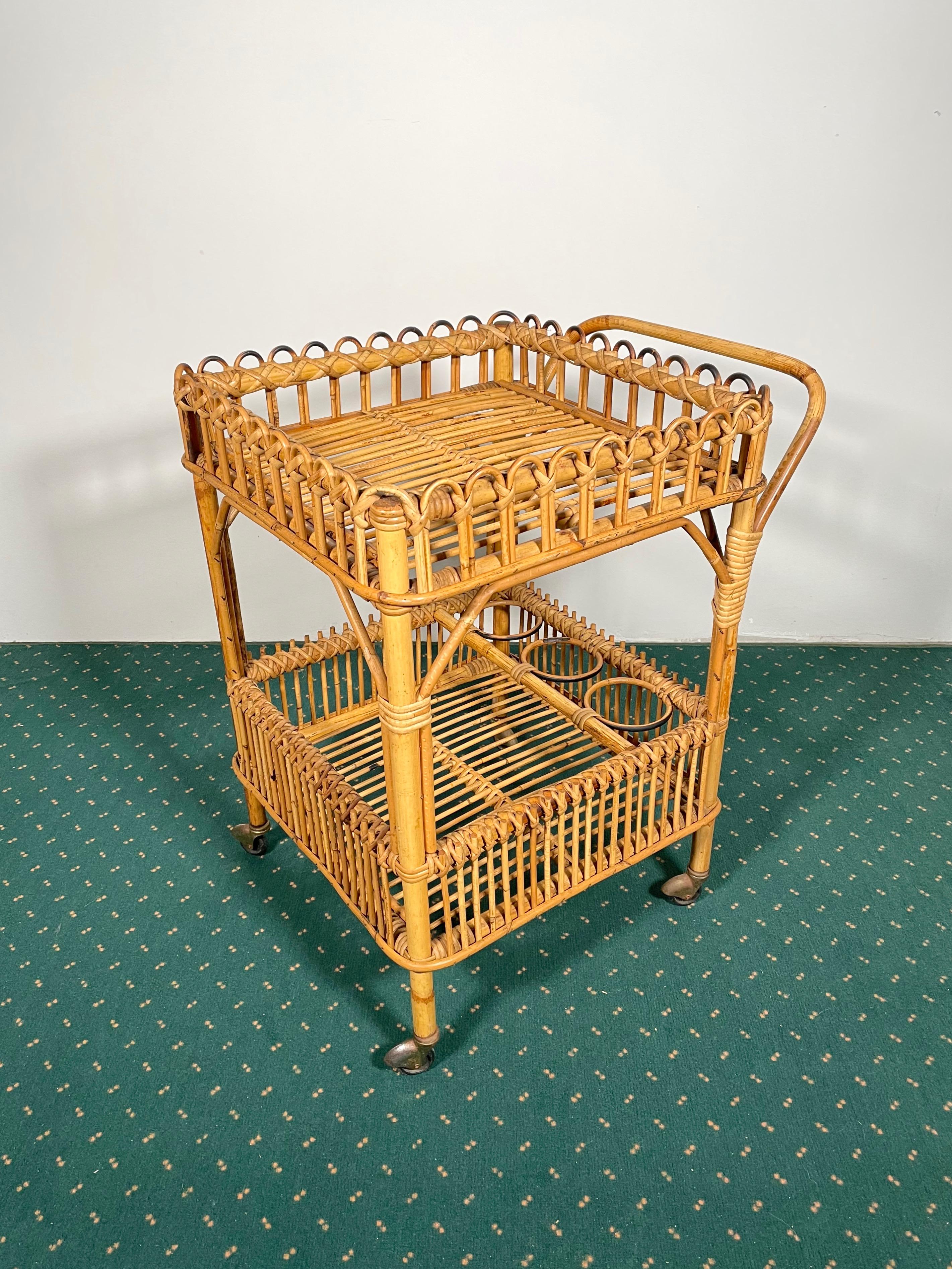Bamboo Rattan Serving Bar Cart Trolley, Italy, 1960s In Good Condition In Rome, IT