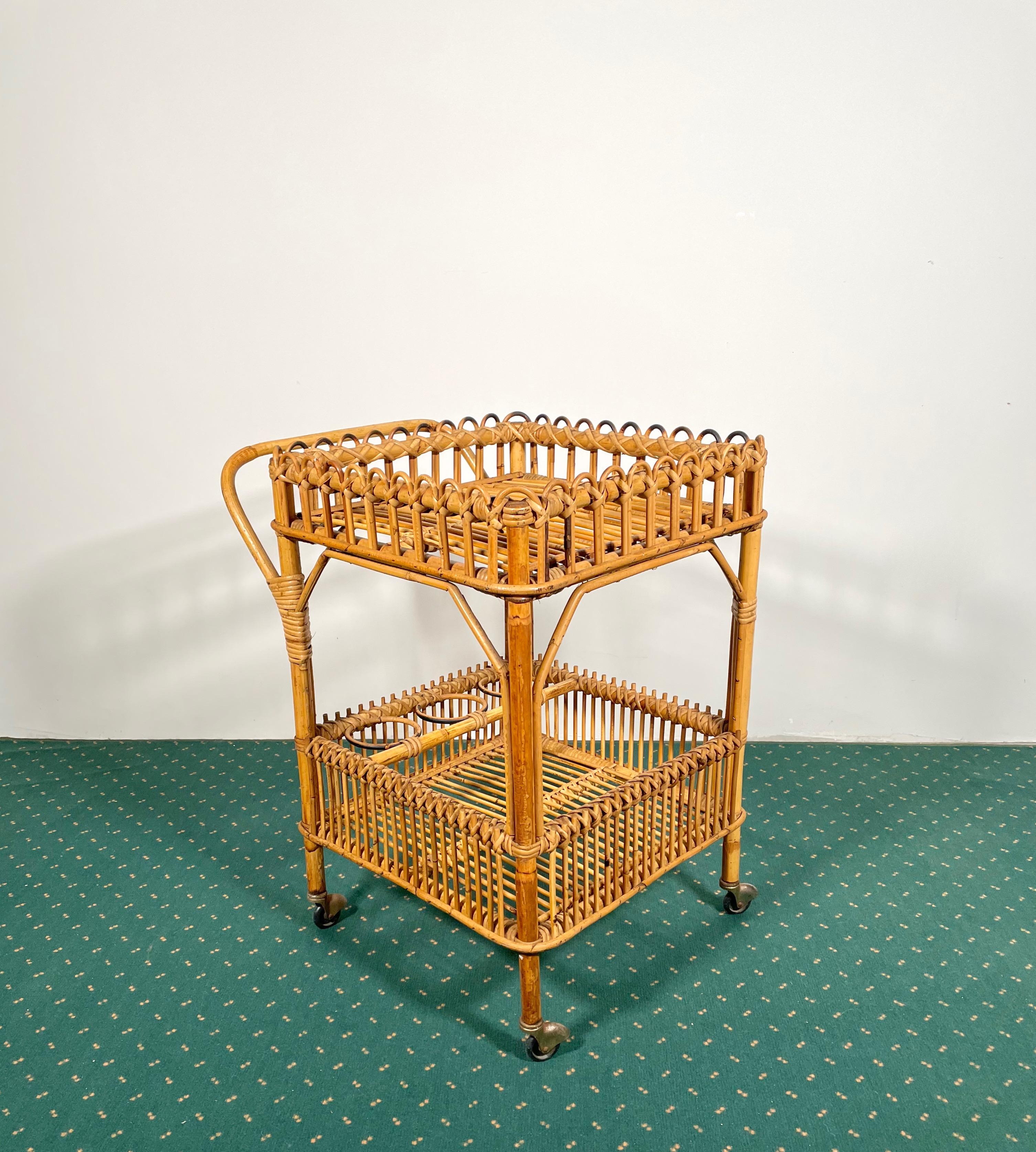 Bamboo Rattan Serving Bar Cart Trolley, Italy, 1960s 1