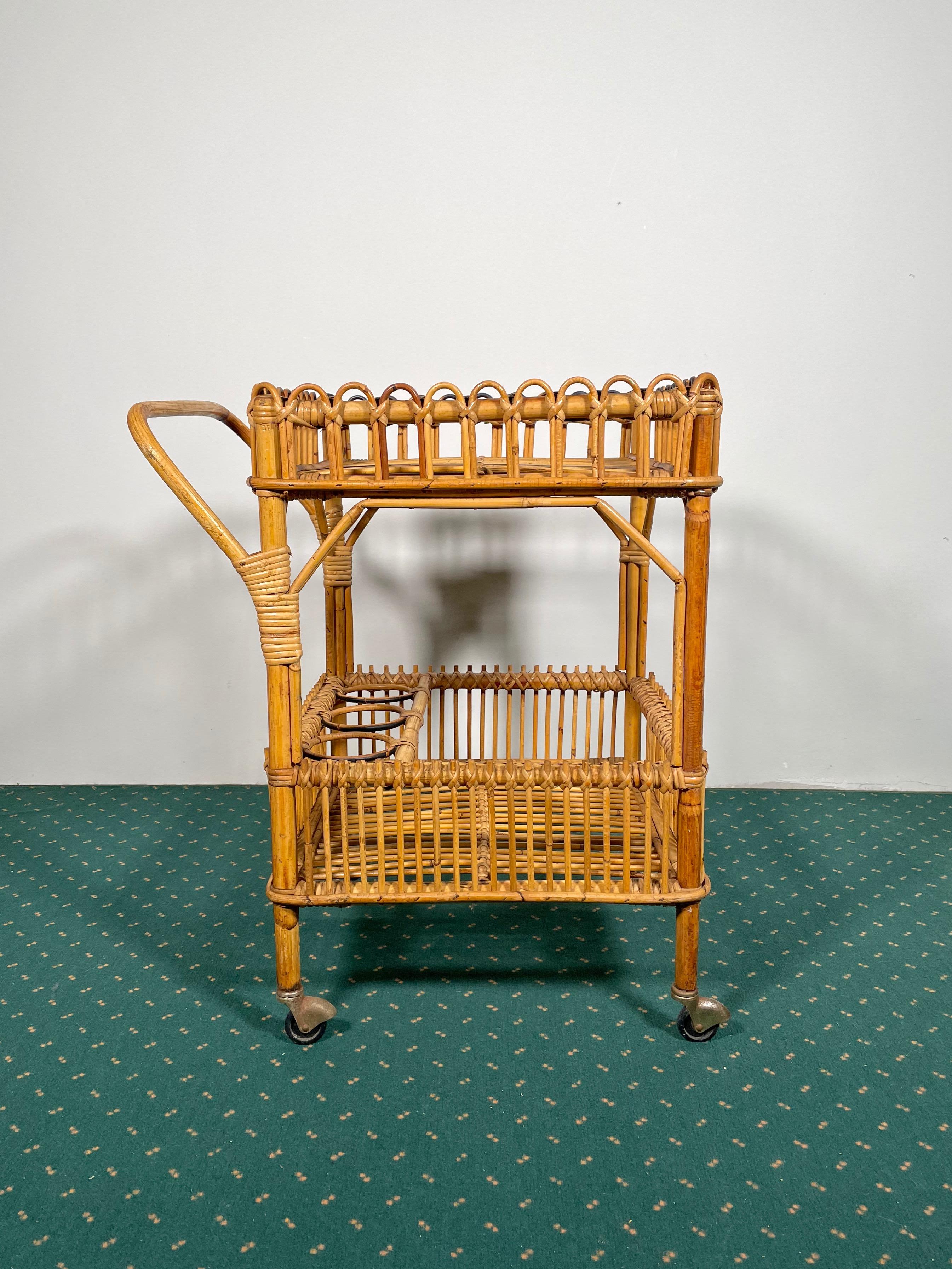 Bamboo Rattan Serving Bar Cart Trolley, Italy, 1960s 2