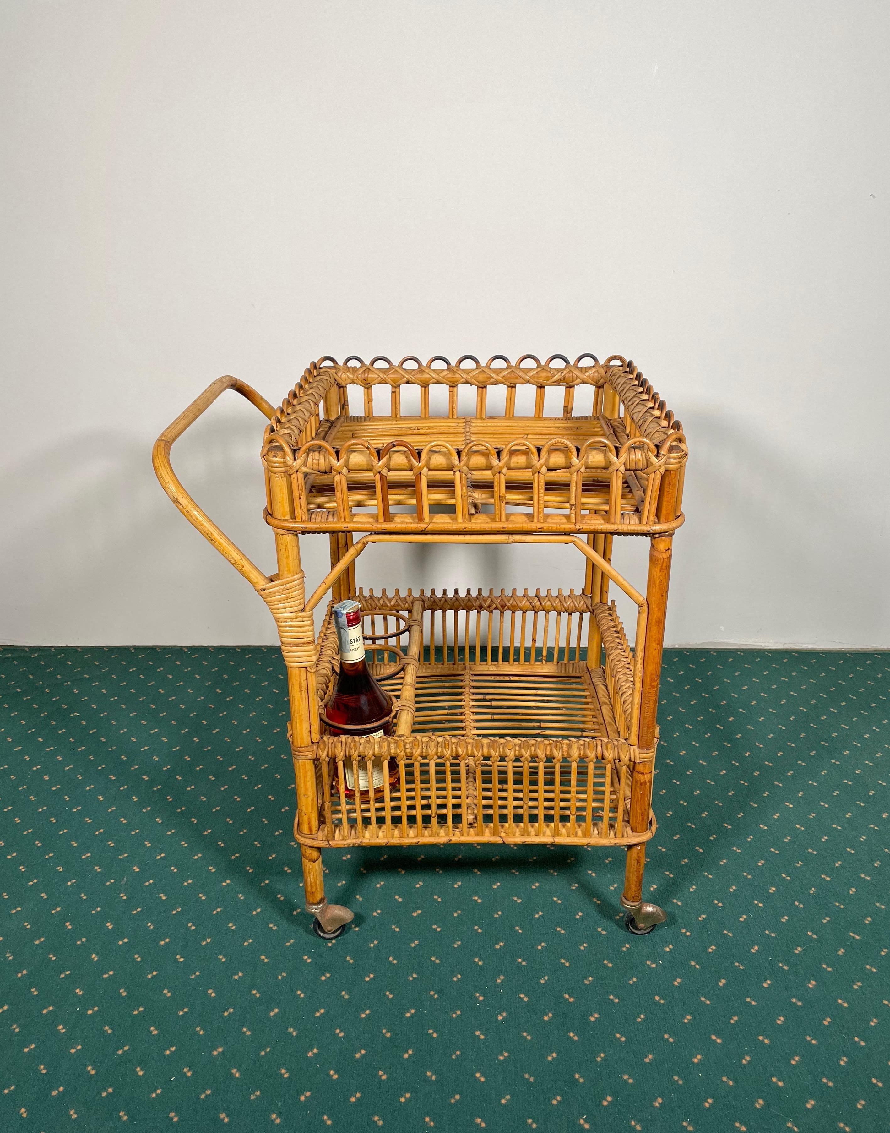Bamboo Rattan Serving Bar Cart Trolley, Italy, 1960s 3