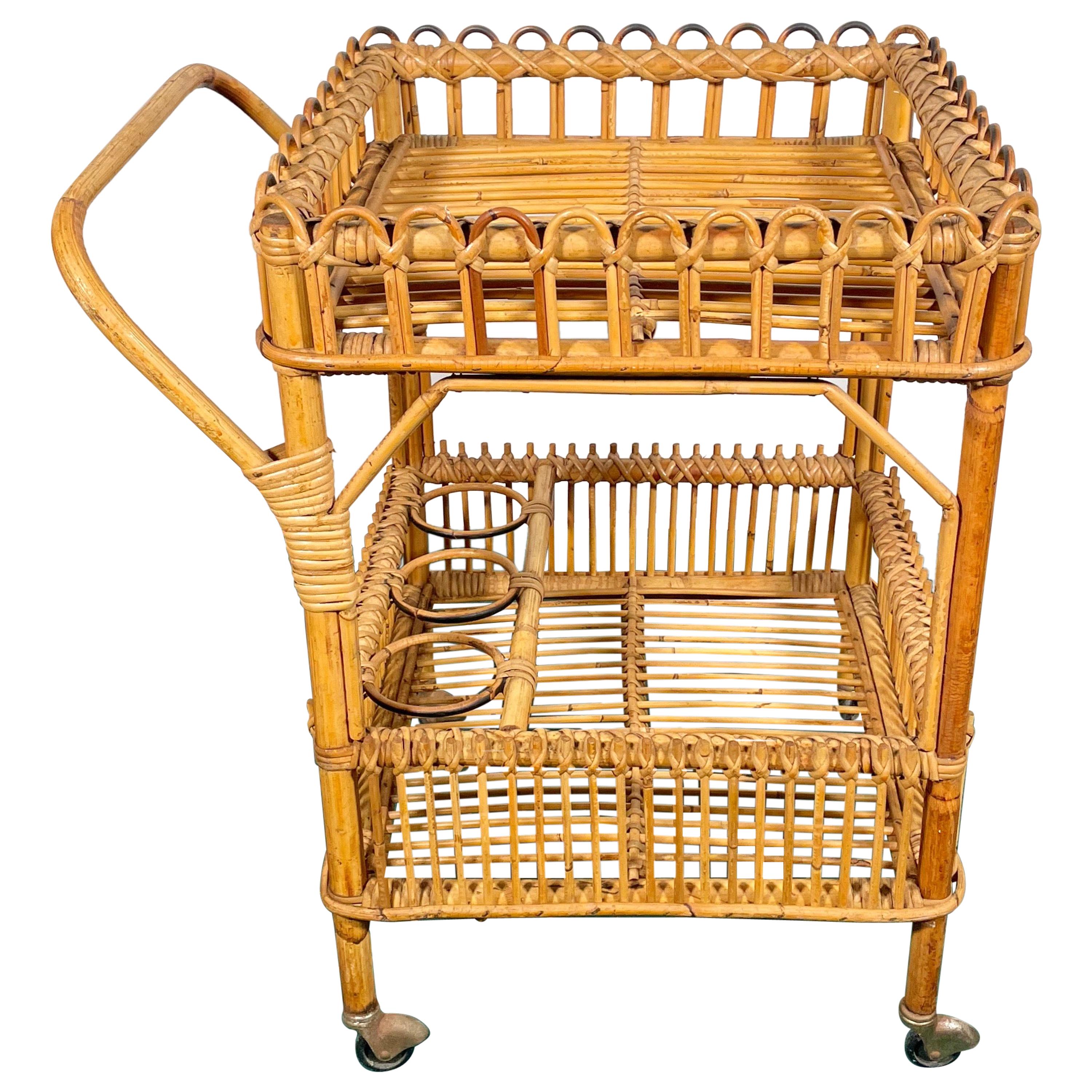 Bamboo Rattan Serving Bar Cart Trolley, Italy, 1960s