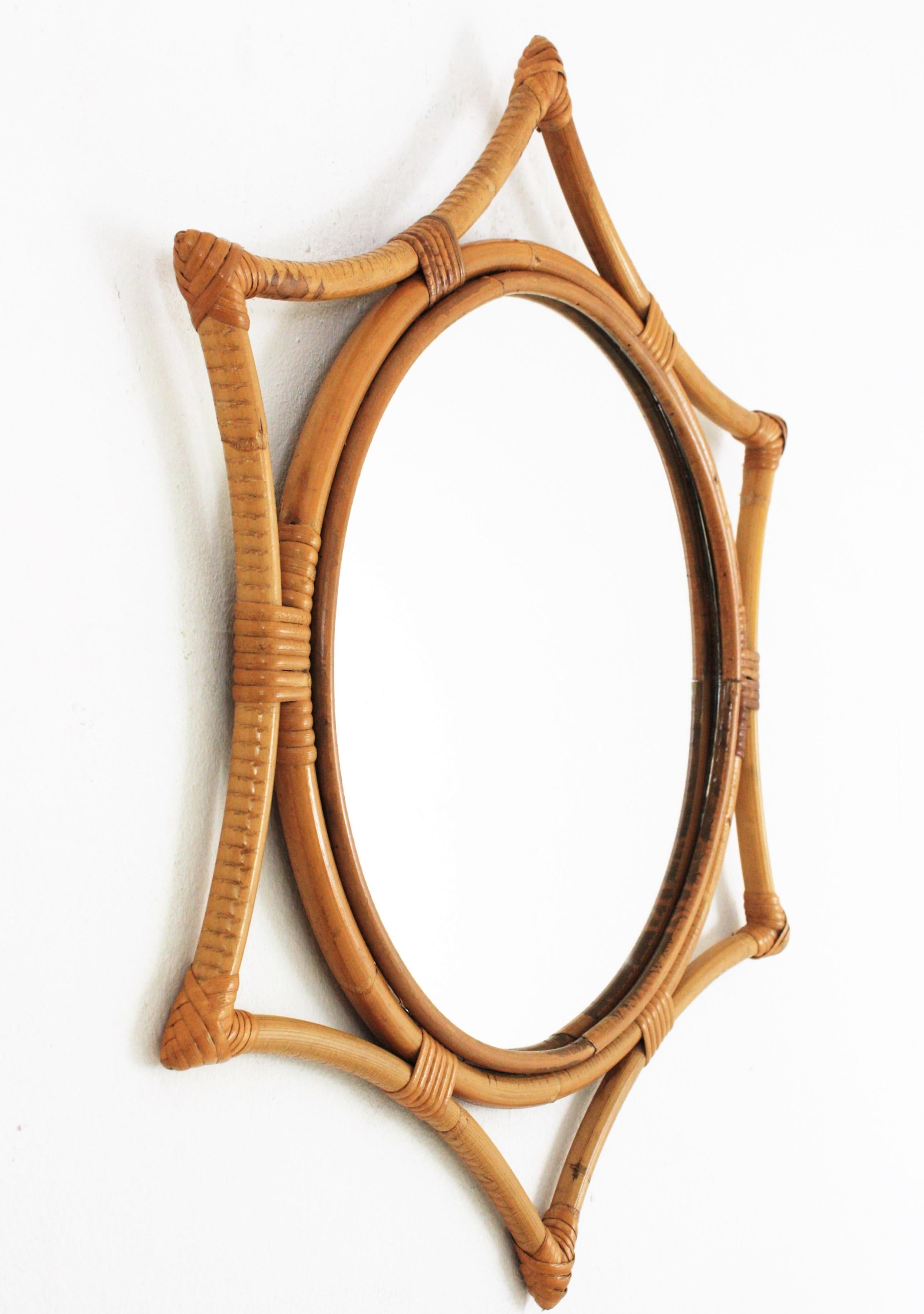 Mid-Century Modern Bamboo Rattan Starburst Sunburst Mirror, 1960s