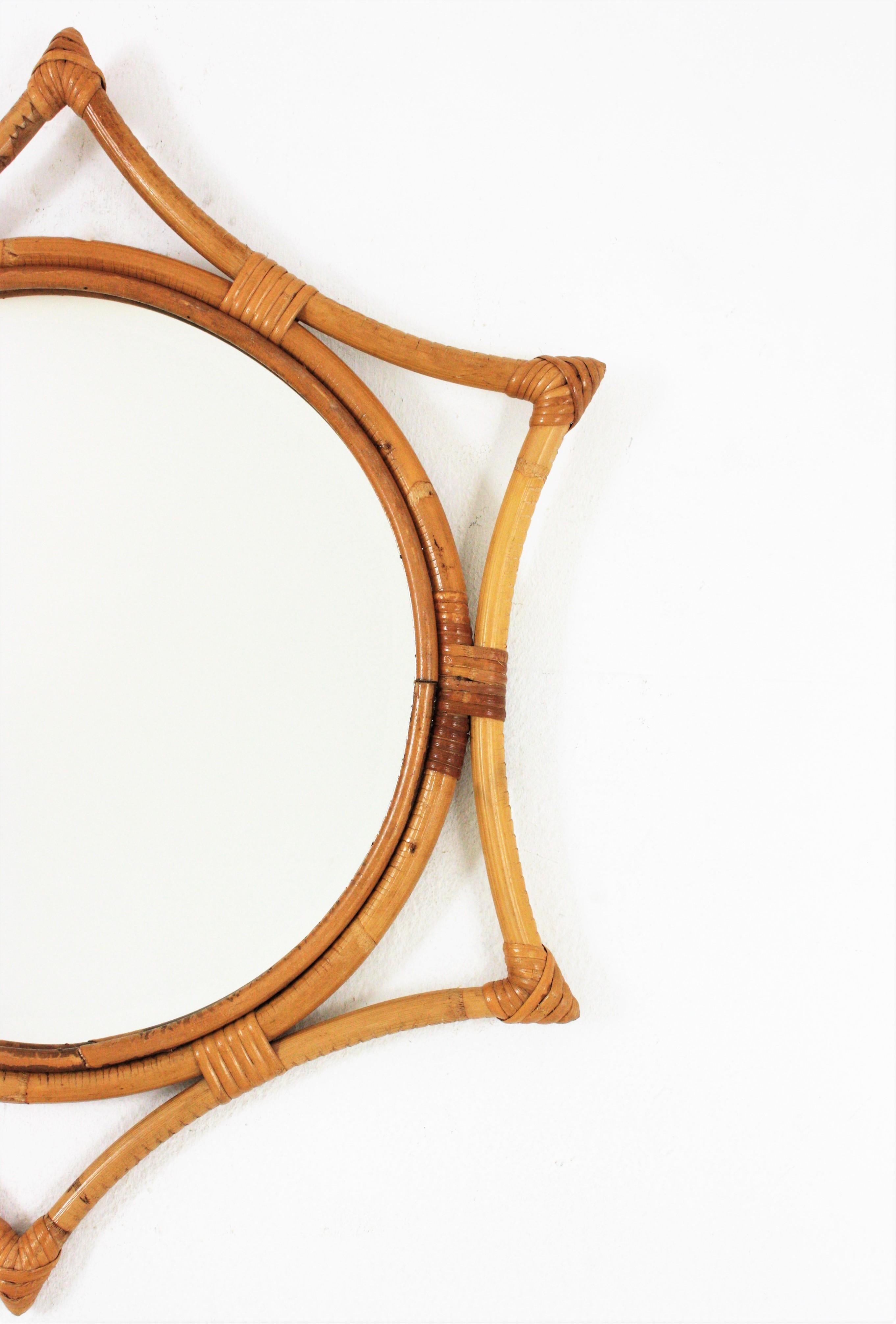 Hand-Crafted Bamboo Rattan Starburst Sunburst Mirror, 1960s
