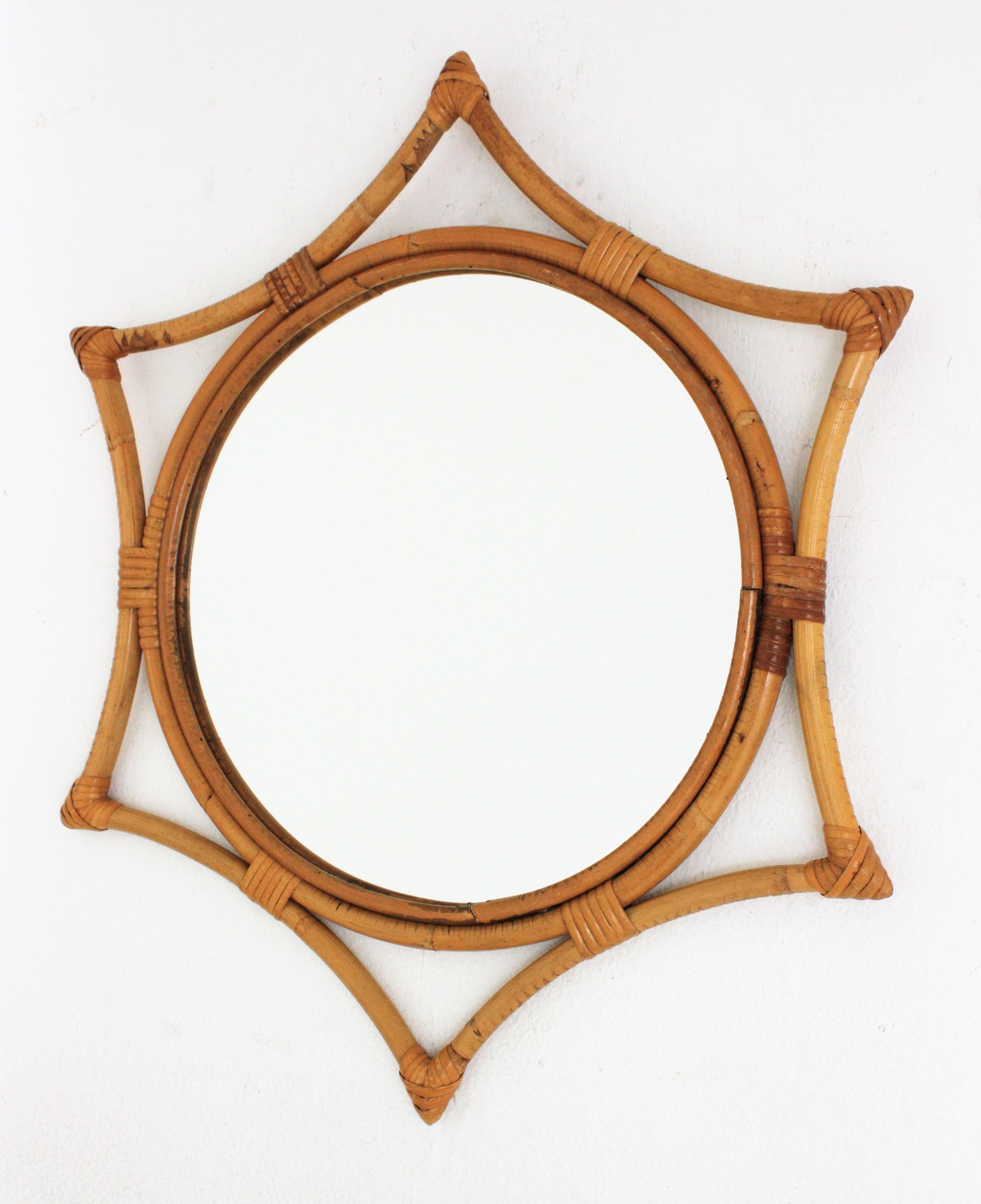 20th Century Bamboo Rattan Starburst Sunburst Mirror, 1960s