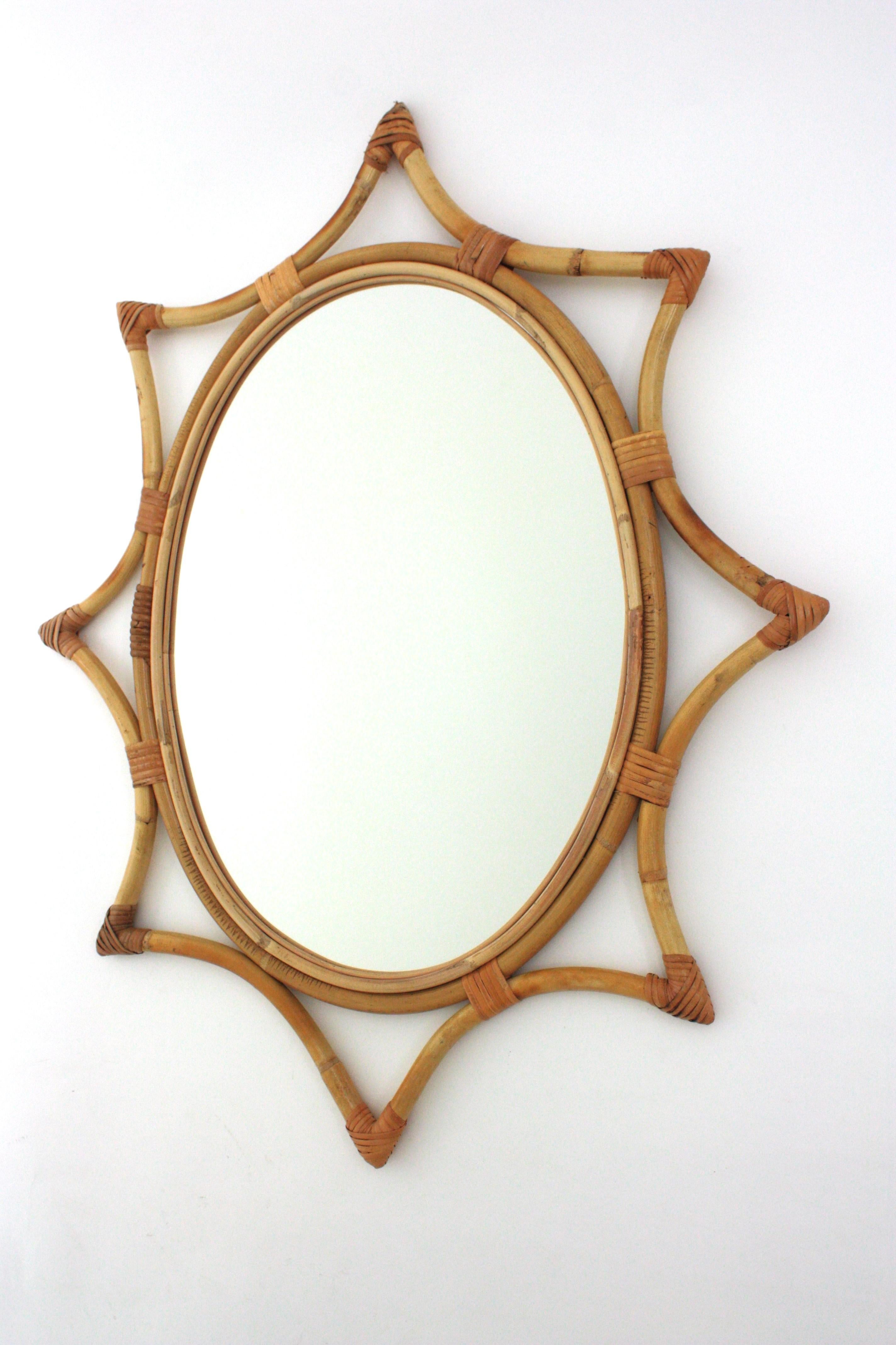 Bamboo Rattan Starburst Sunburst Oval Mirror, 1960s 3