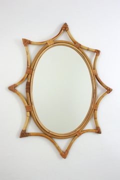 Bamboo Rattan Starburst Sunburst Oval Mirror, 1960s