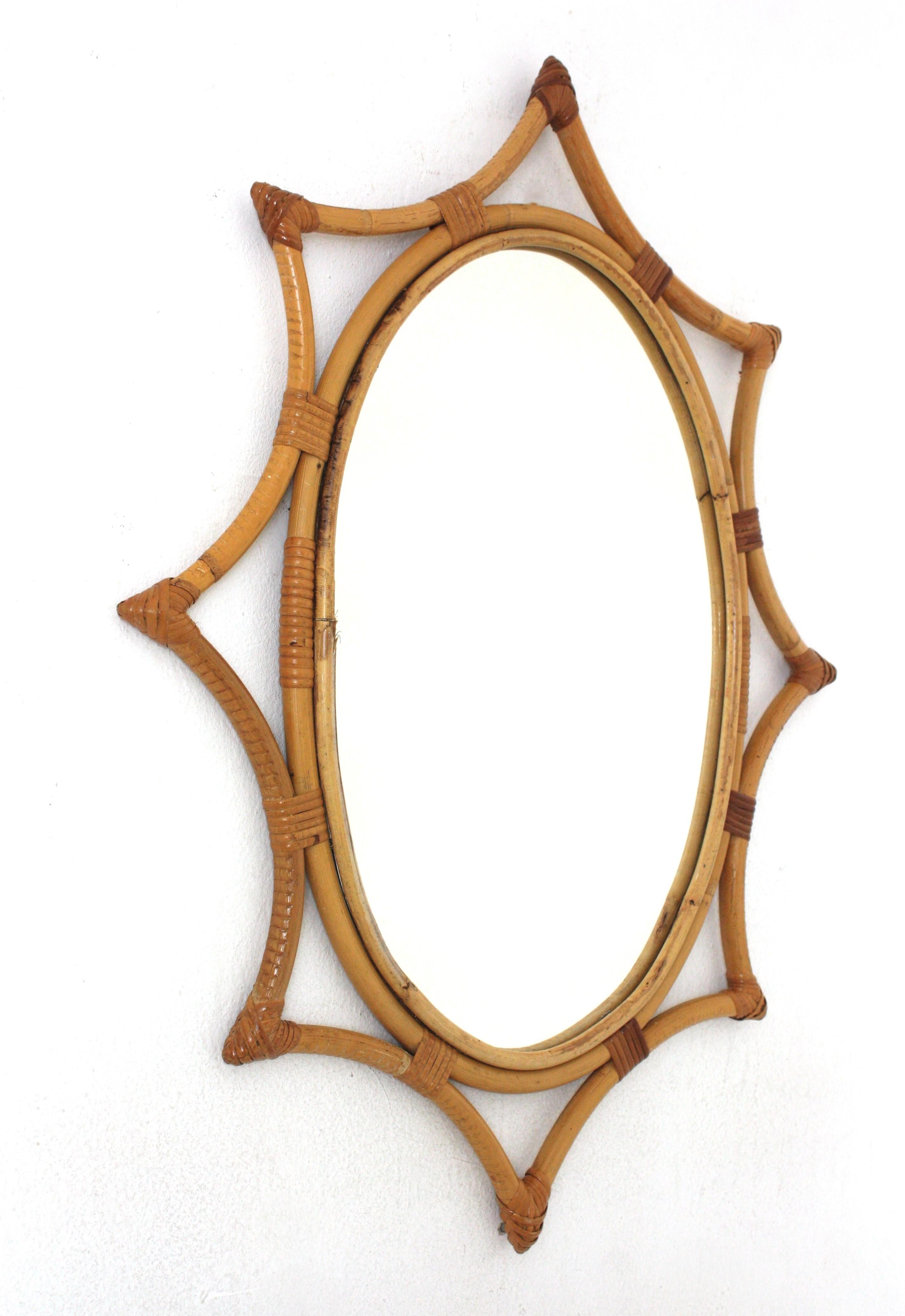 Mid-Century Modern Bamboo Rattan Starburst Sunburst Oval Mirror, 1960s