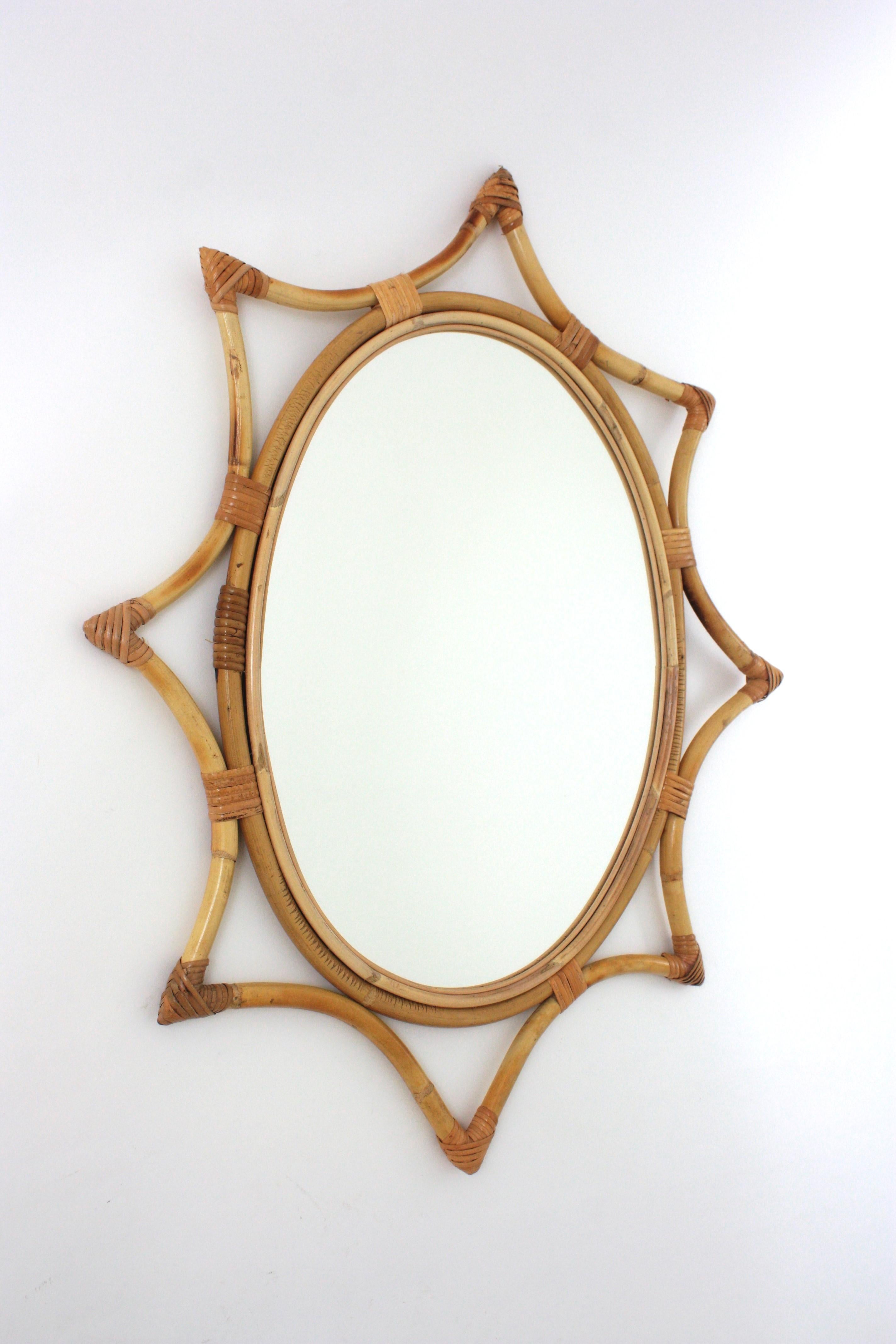 Mid-Century Modern Bamboo Rattan Starburst Sunburst Oval Mirror, 1960s