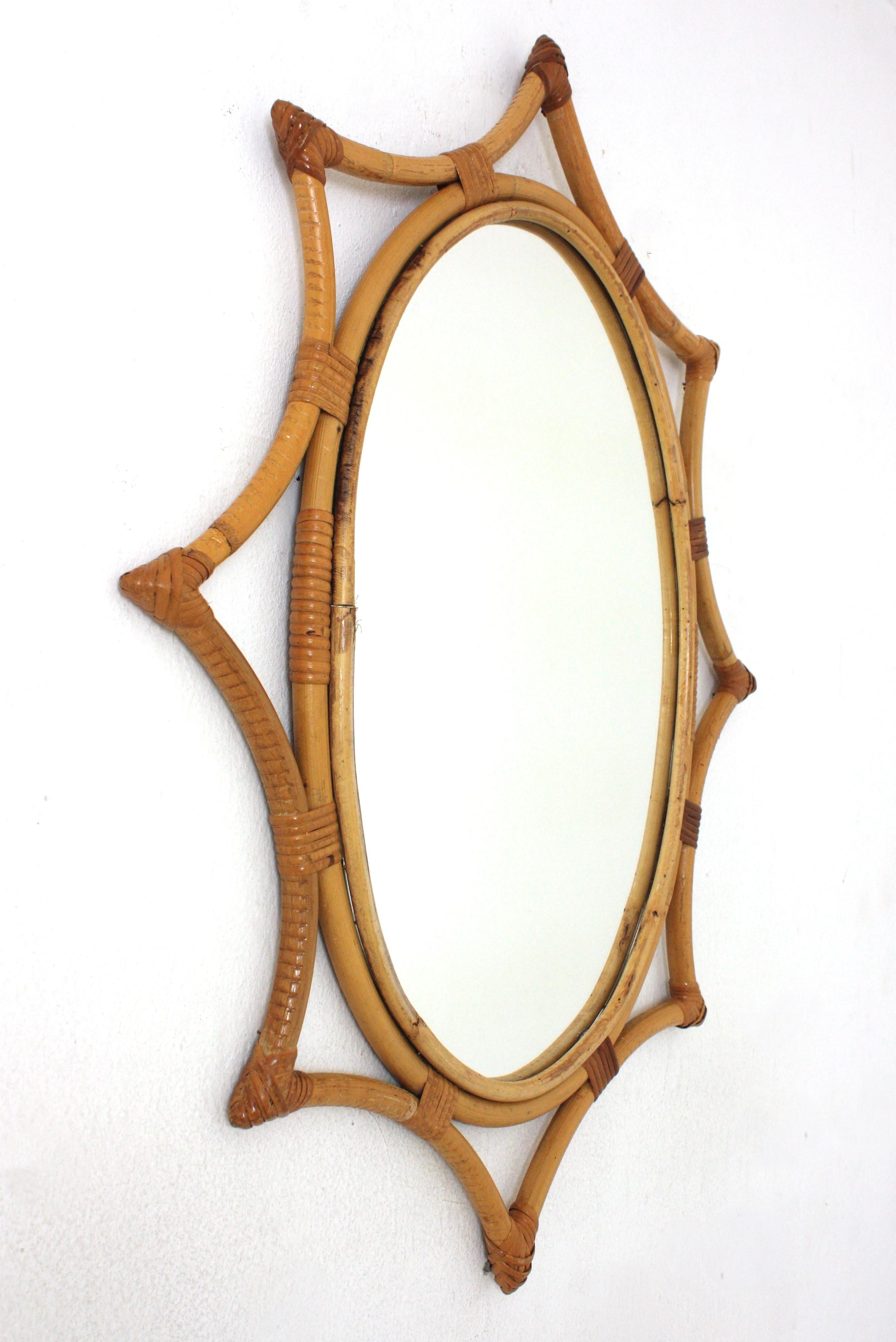 Spanish Bamboo Rattan Starburst Sunburst Oval Mirror, 1960s