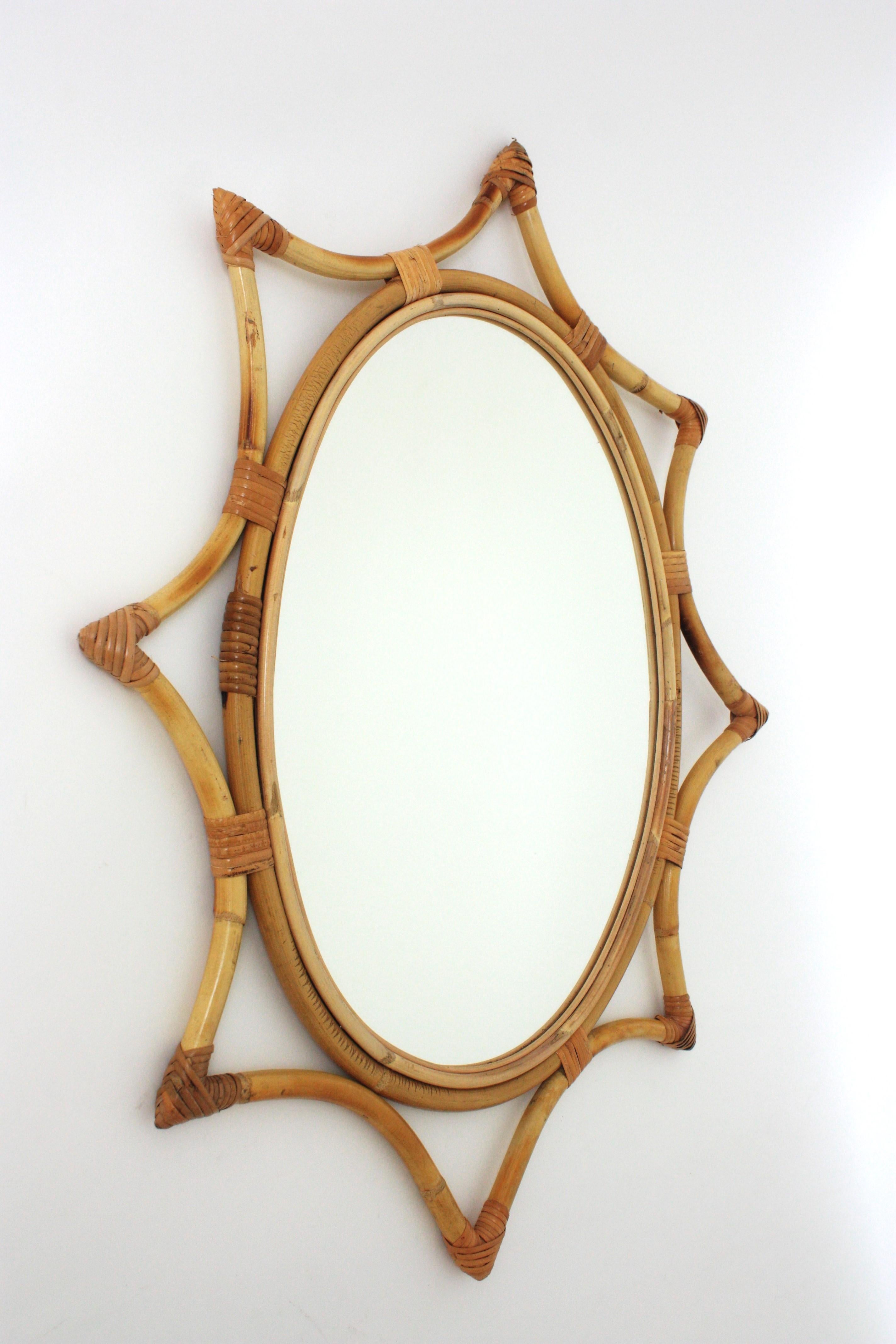 Spanish Bamboo Rattan Starburst Sunburst Oval Mirror, 1960s