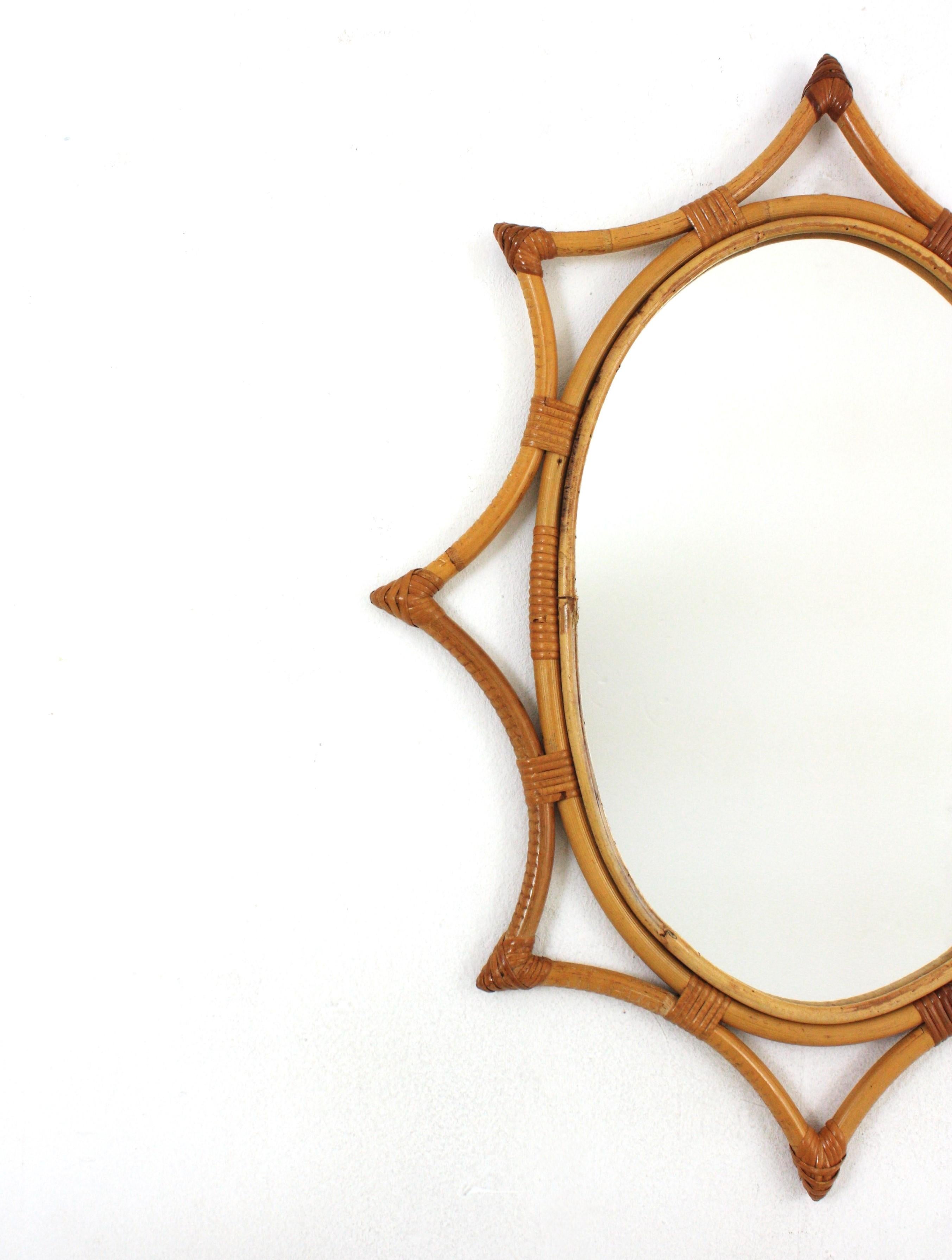 Hand-Crafted Bamboo Rattan Starburst Sunburst Oval Mirror, 1960s