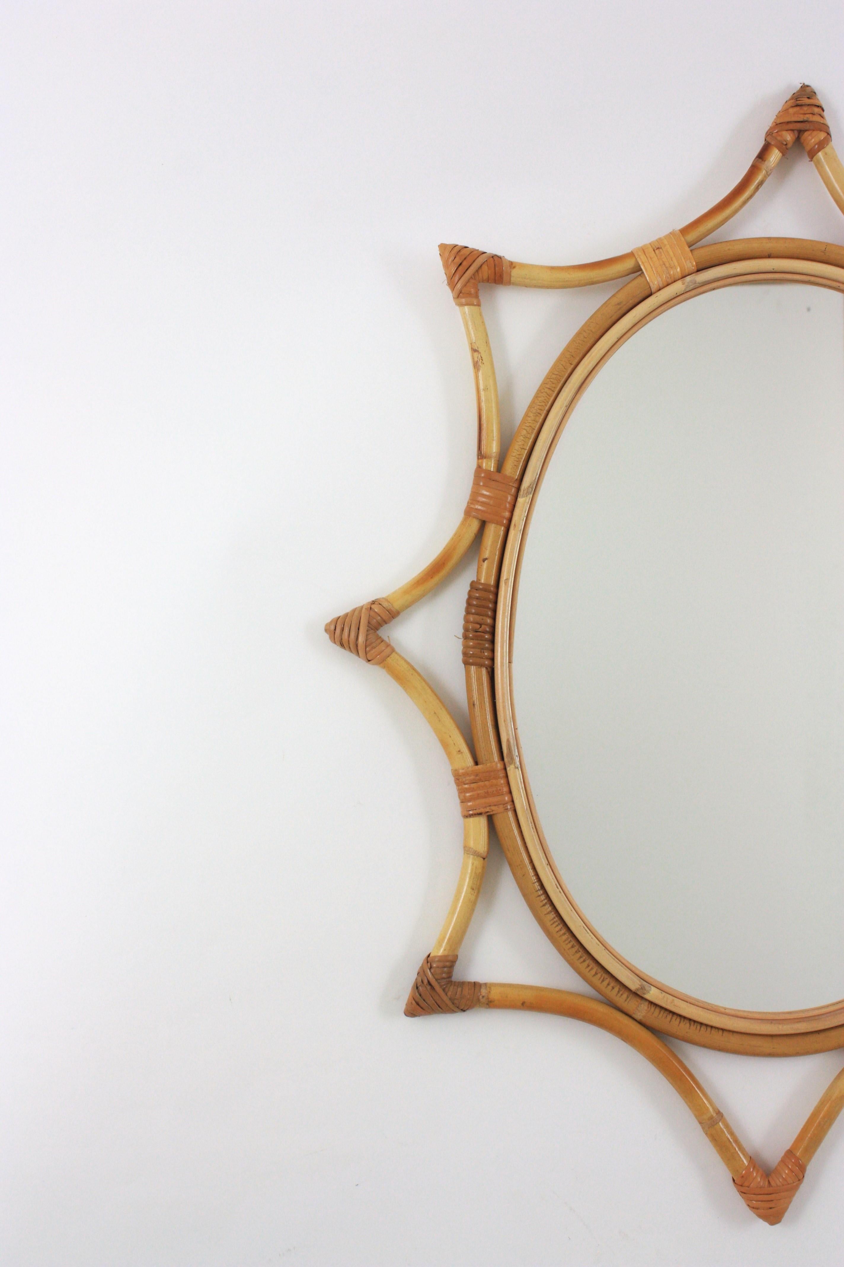 Hand-Crafted Bamboo Rattan Starburst Sunburst Oval Mirror, 1960s