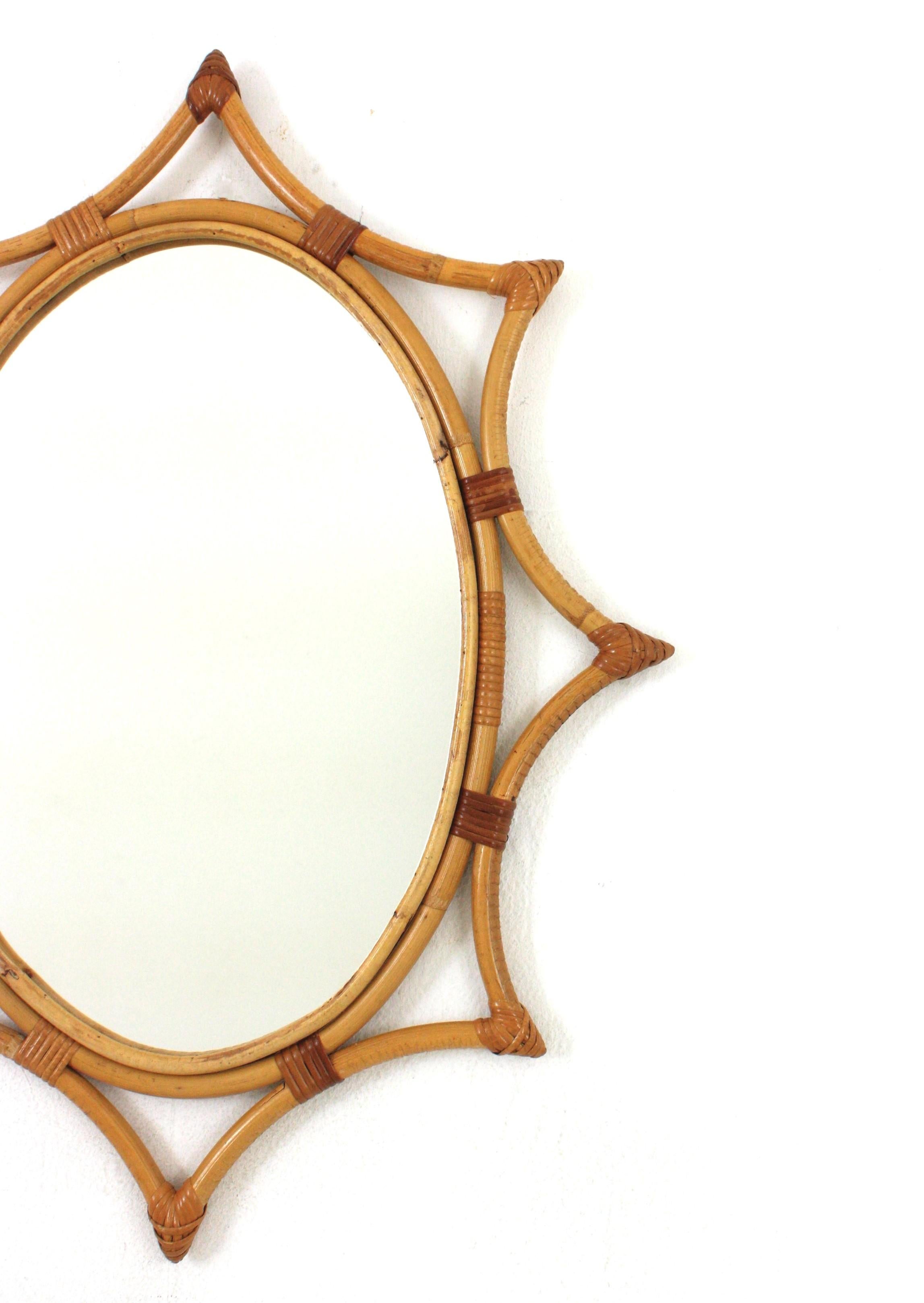Bamboo Rattan Starburst Sunburst Oval Mirror, 1960s In Good Condition In Barcelona, ES