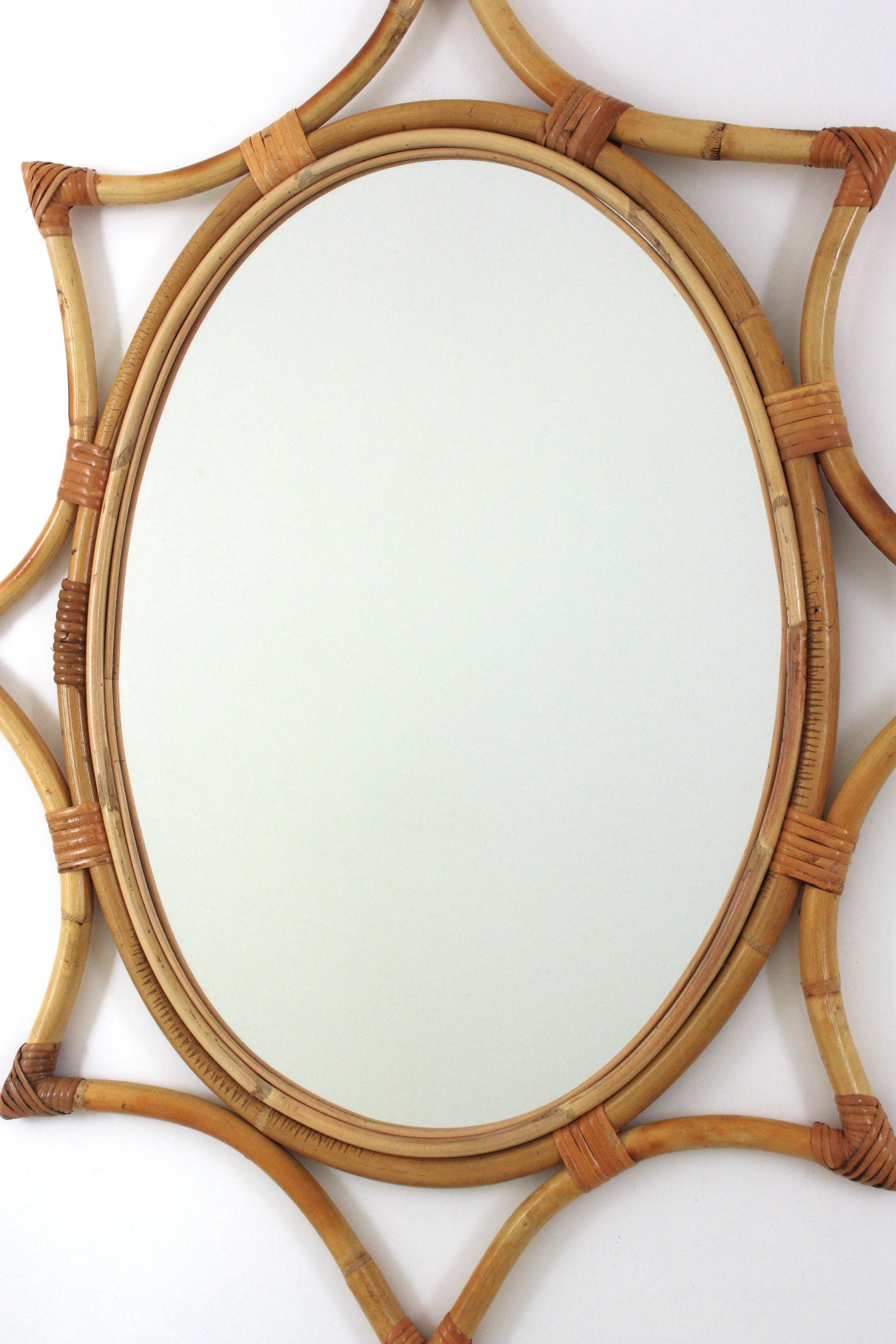 20th Century Bamboo Rattan Starburst Sunburst Oval Mirror, 1960s