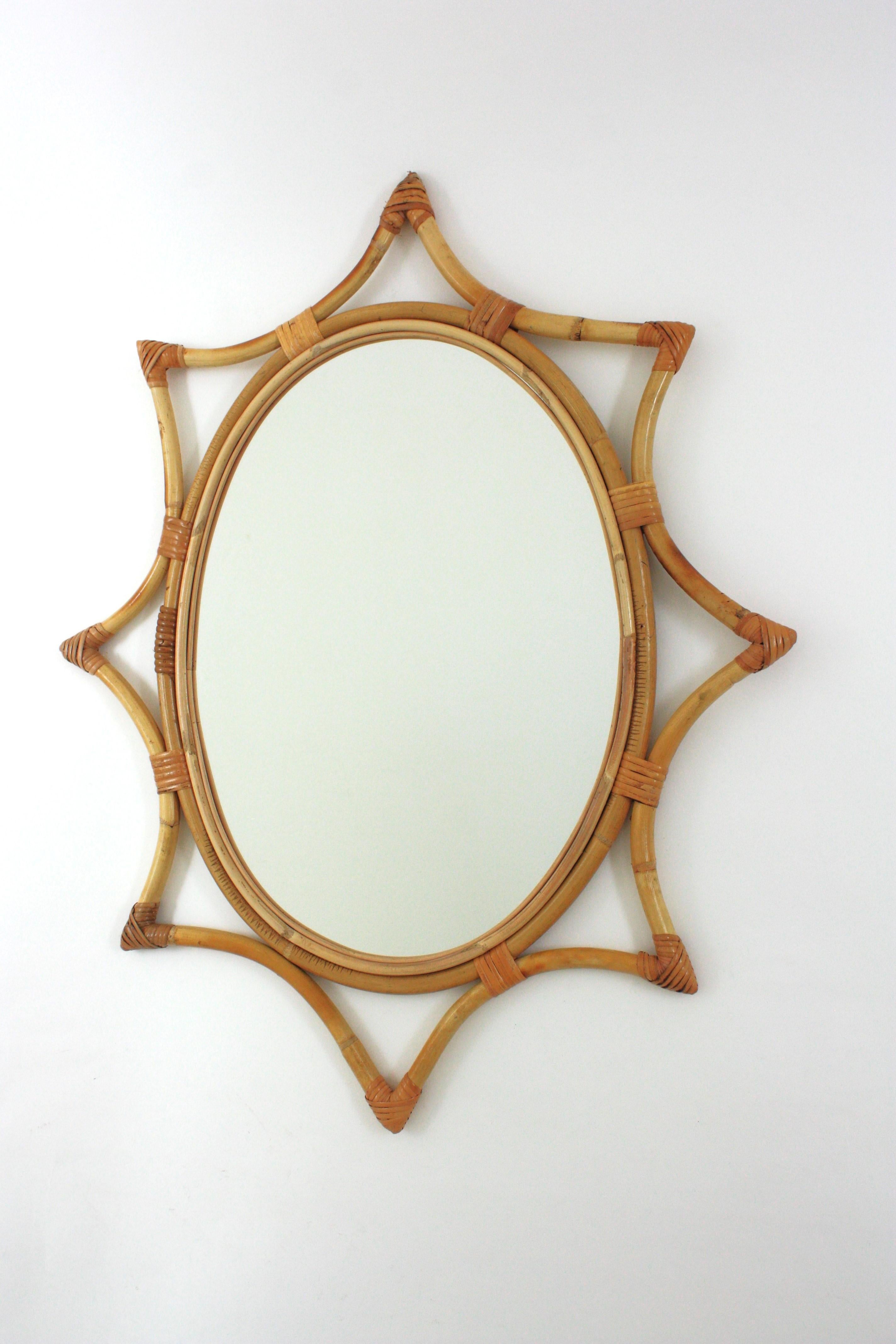 Bamboo Rattan Starburst Sunburst Oval Mirror, 1960s 1