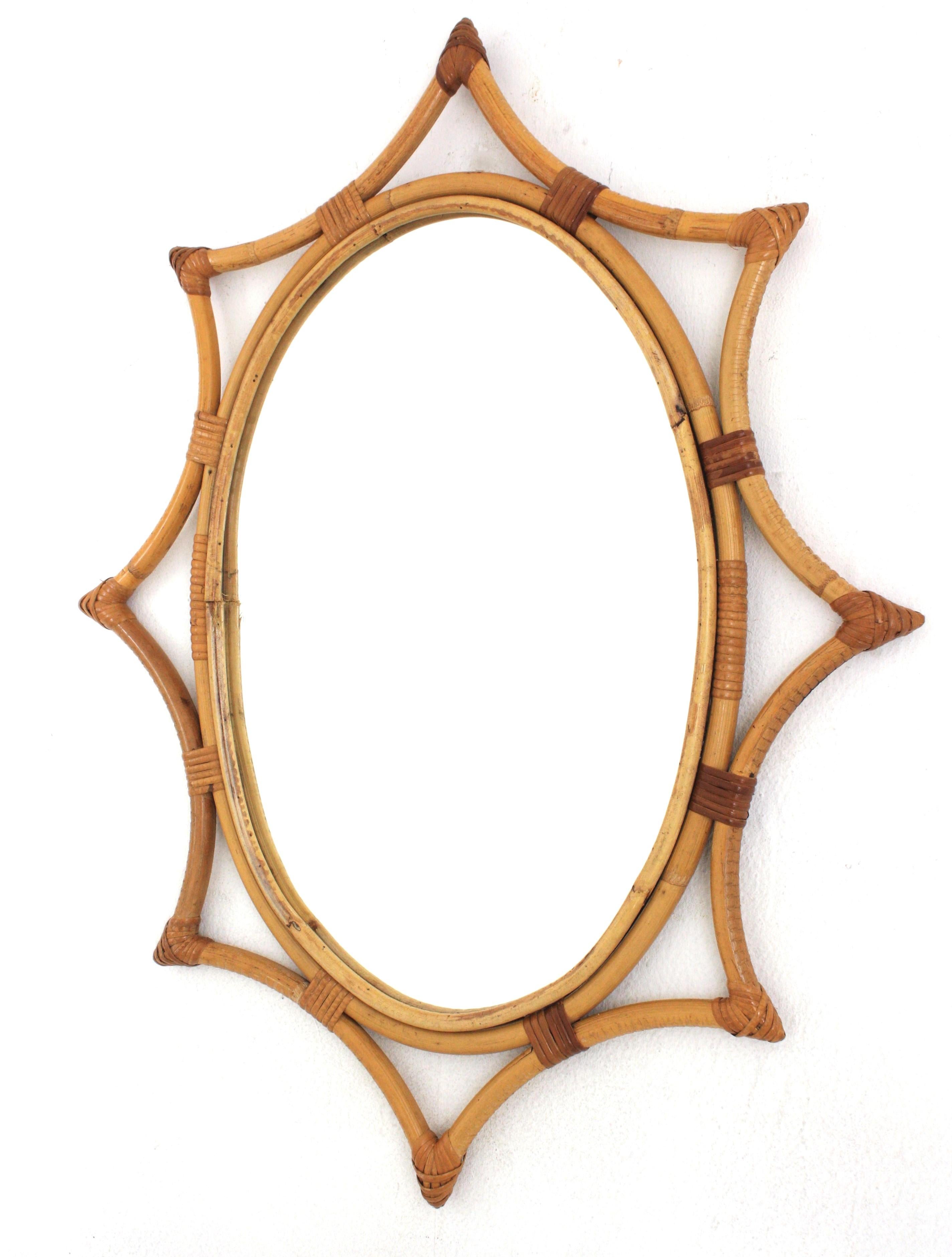 Bamboo Rattan Starburst Sunburst Oval Mirror, 1960s 2