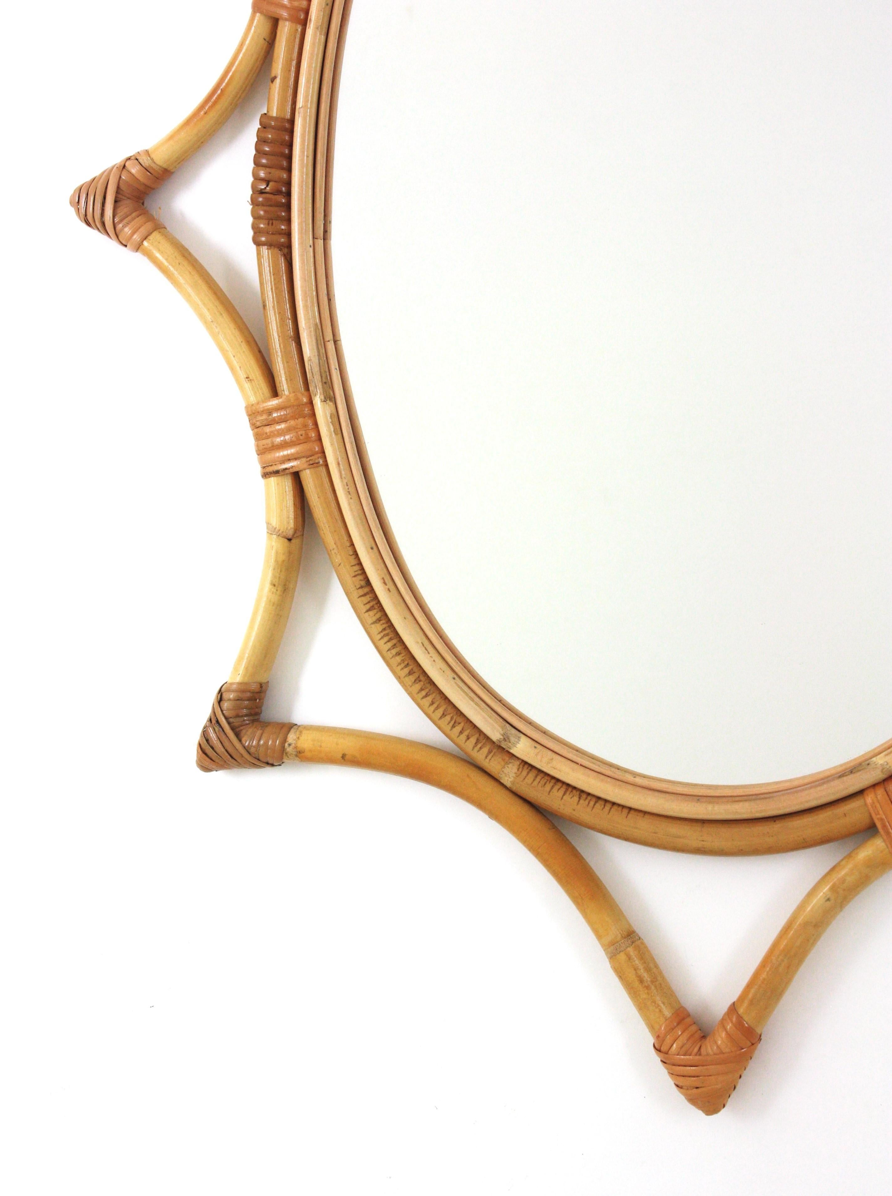 Bamboo Rattan Starburst Sunburst Oval Mirror, 1960s 2