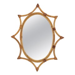 Bamboo Rattan Starburst Sunburst Oval Mirror, 1960s