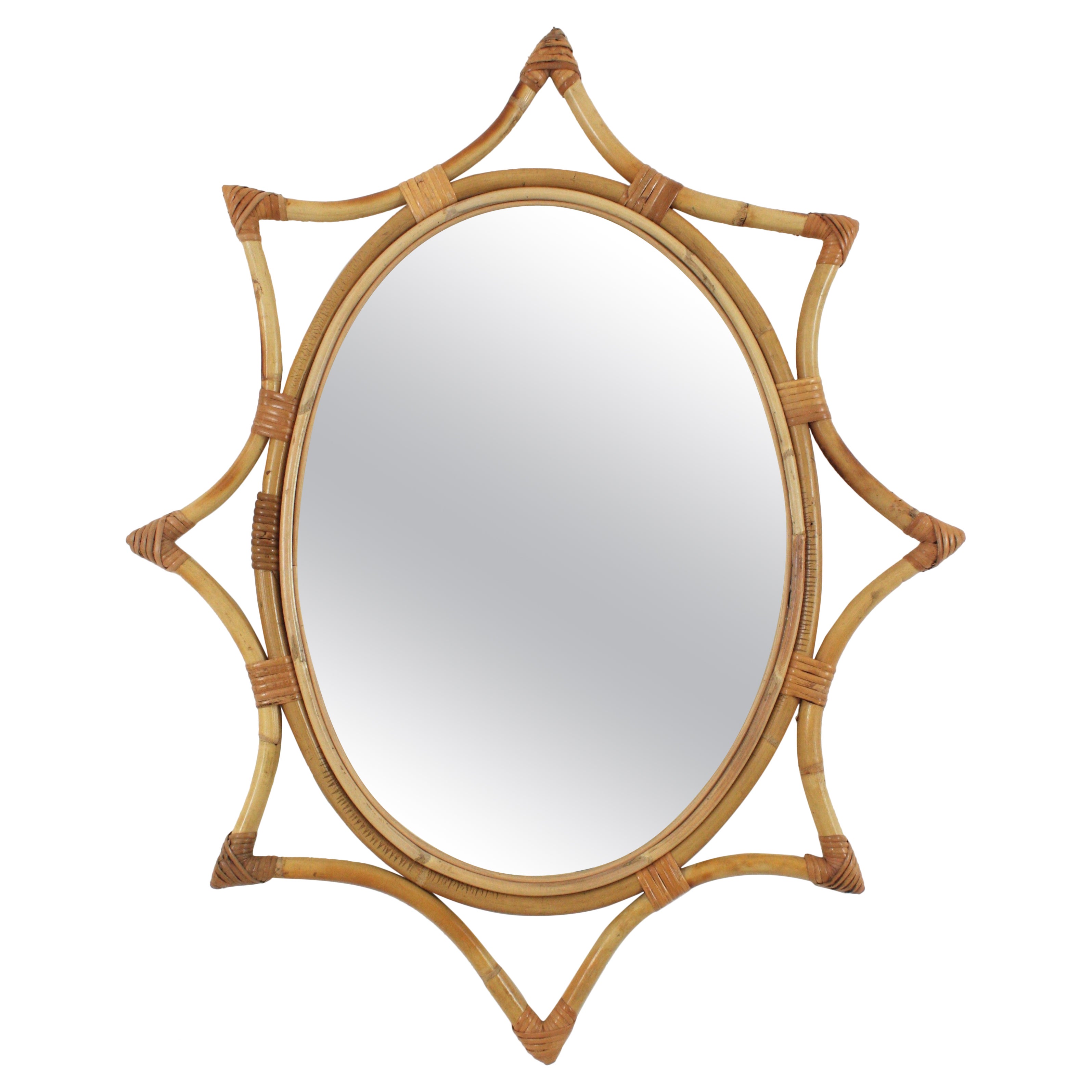 Bamboo Rattan Starburst Sunburst Oval Mirror, 1960s