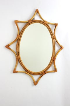 Bamboo Rattan Starburst Sunburst Oval Mirror, Spain 1960s