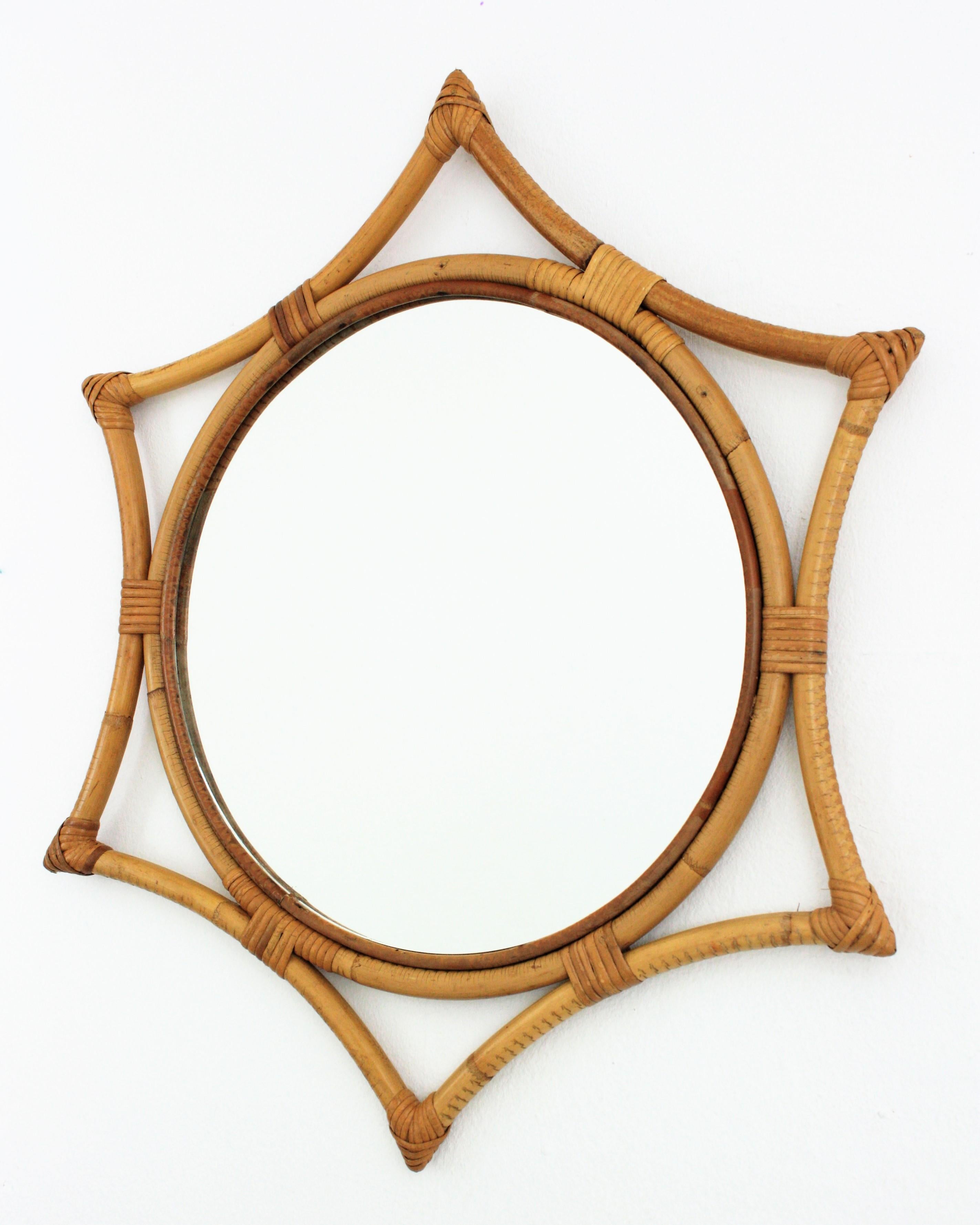 Mid-Century Modern Bamboo Rattan Starburst Sunburst Mirror