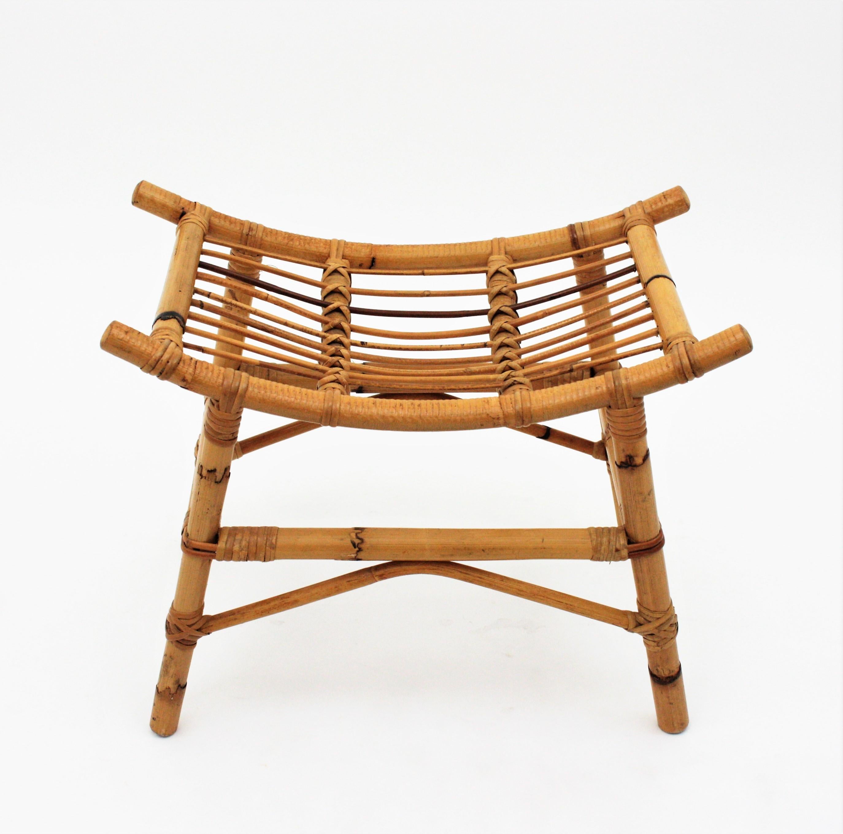 Bamboo Rattan Stool, Ottoman or Bench, 1960s In Good Condition In Barcelona, ES