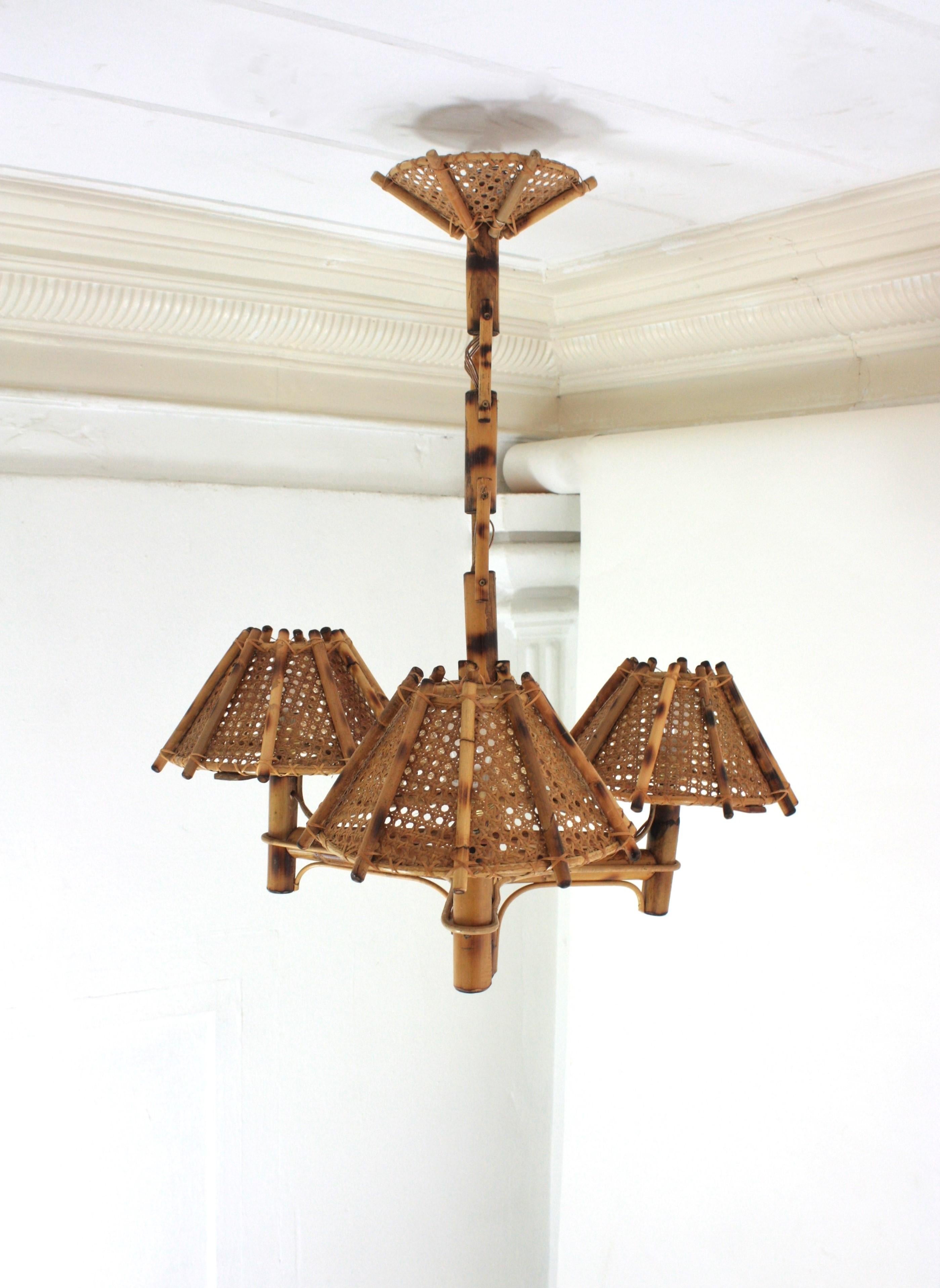 Bamboo Rattan Three-Arm Chandelier with Wicker Conical Lampshades For Sale 4