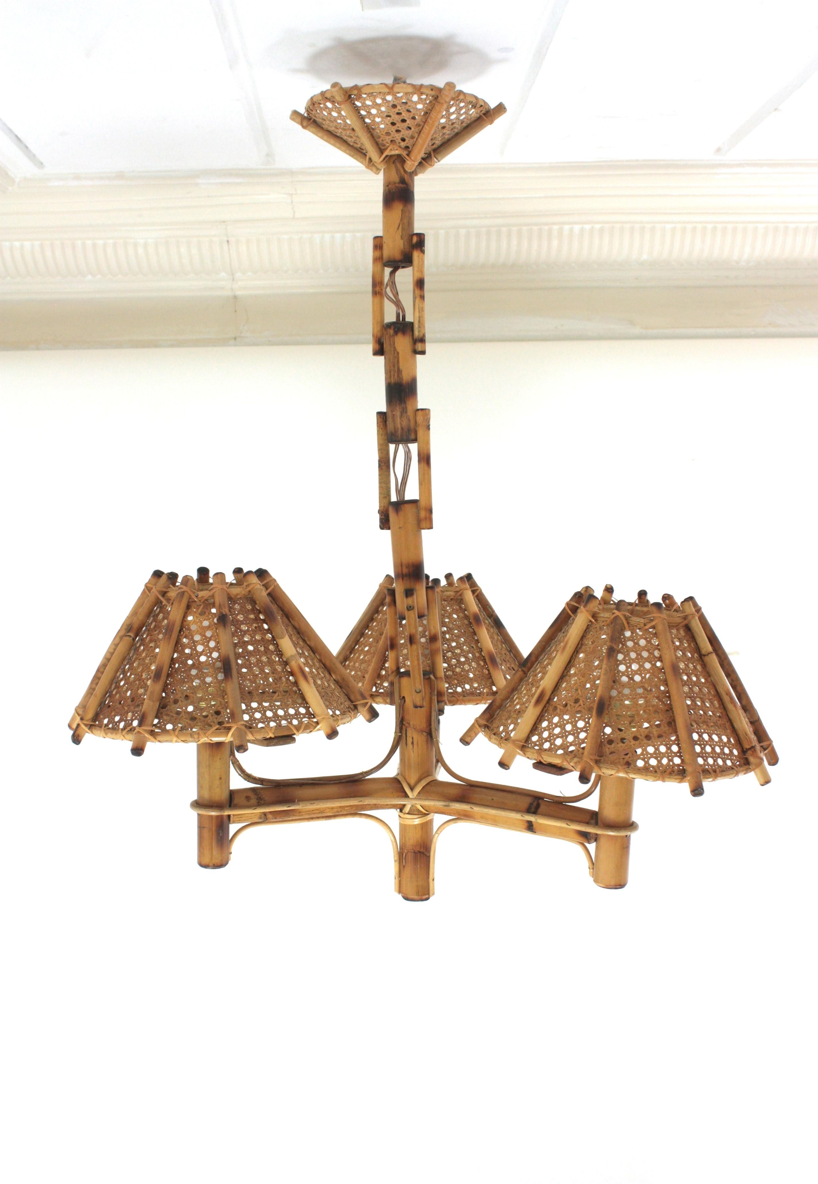 Bamboo Rattan Three-Arm Chandelier with Wicker Conical Lampshades For Sale 5