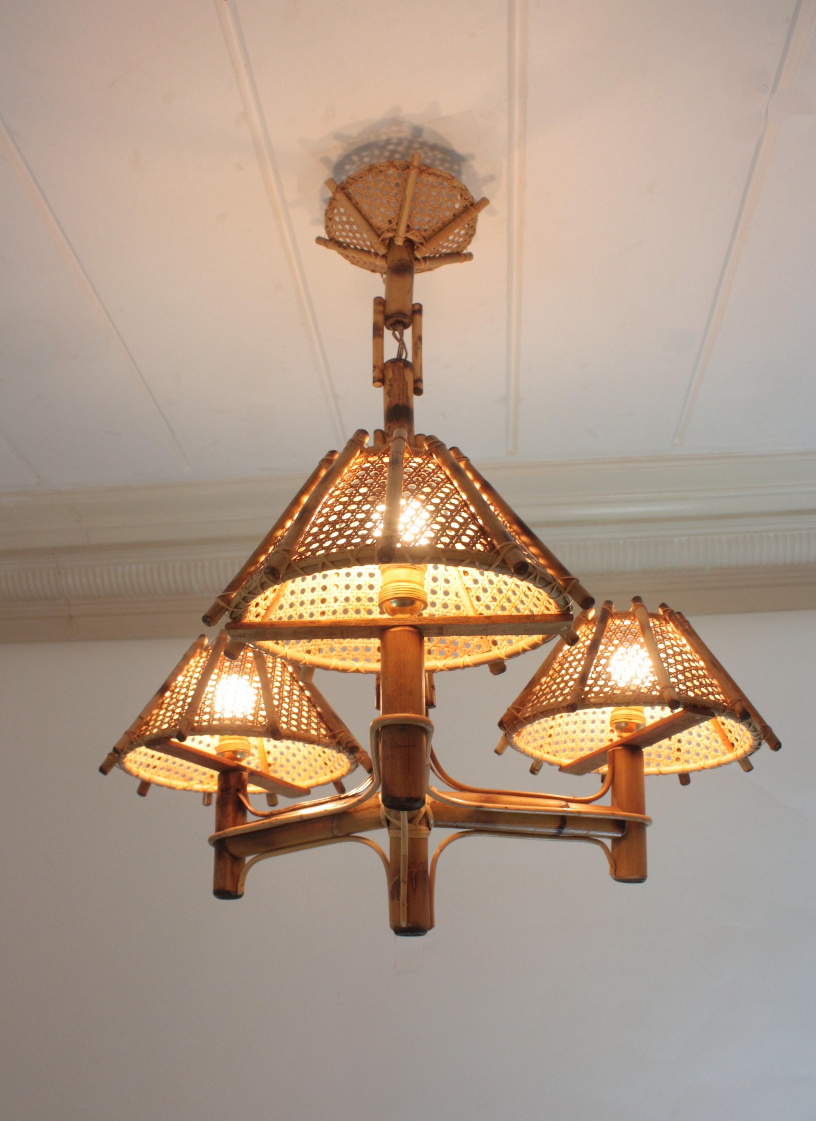 Bamboo Rattan Three-Arm Chandelier with Wicker Conical Lampshades For Sale 6