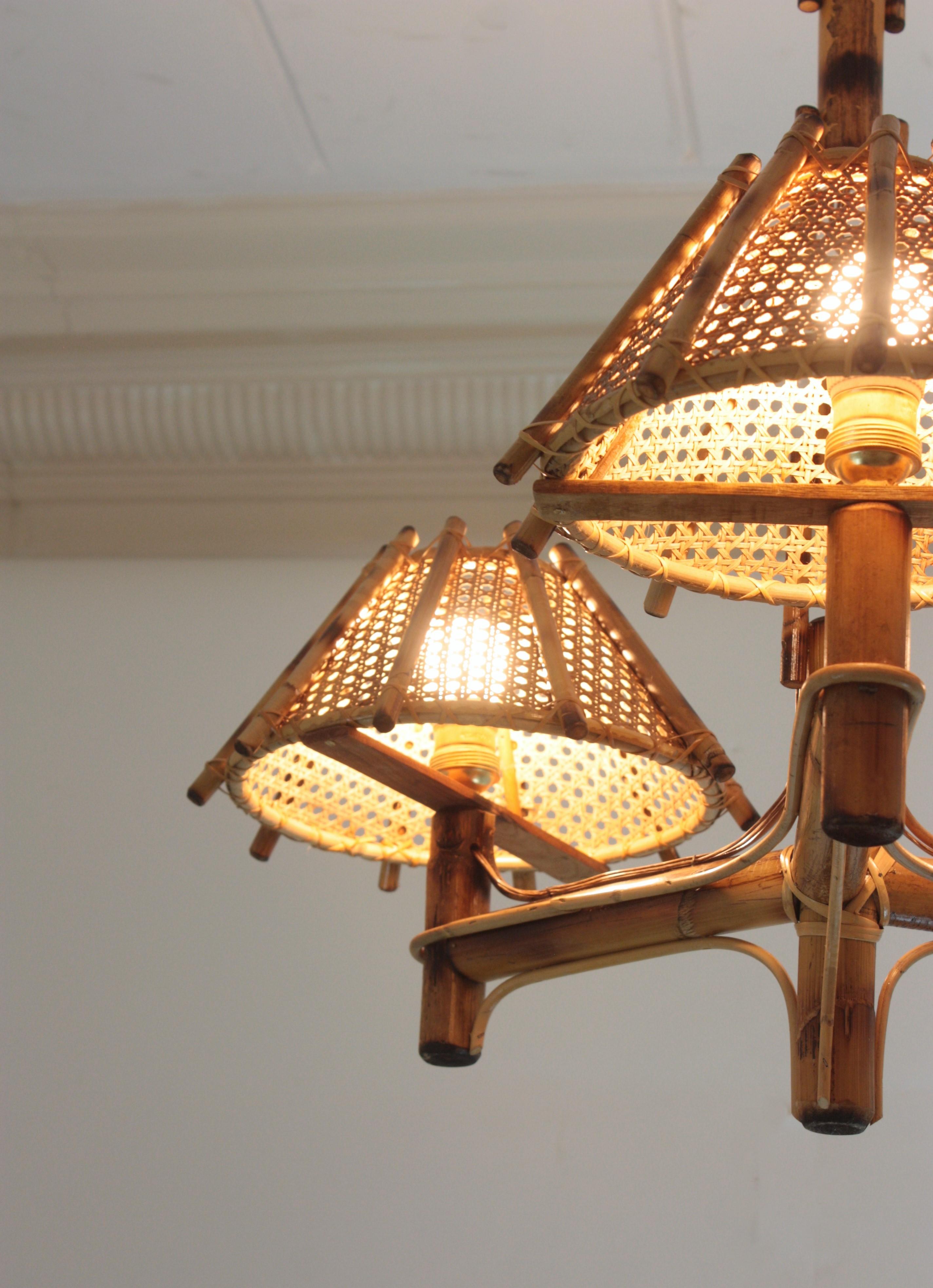 Bamboo Rattan Three-Arm Chandelier with Wicker Conical Lampshades For Sale 7
