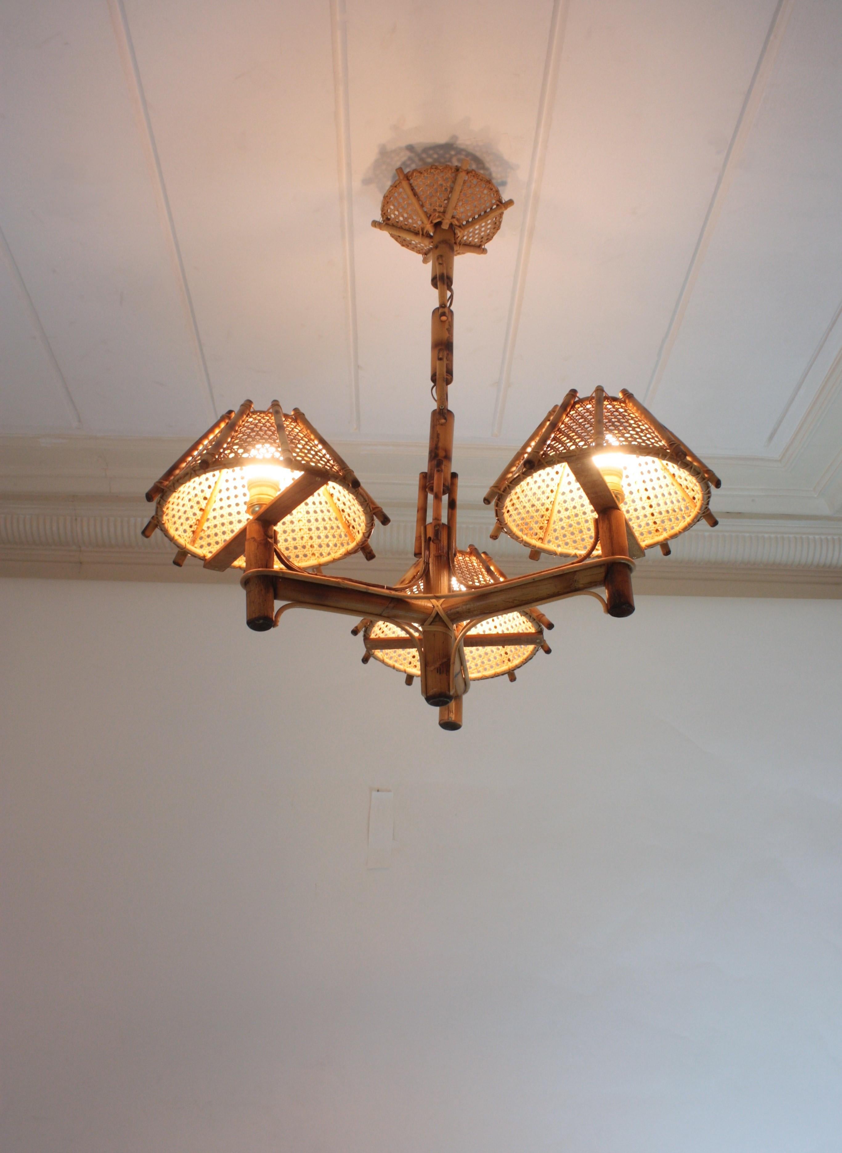 Bamboo Rattan Three-Arm Chandelier with Wicker Conical Lampshades For Sale 8