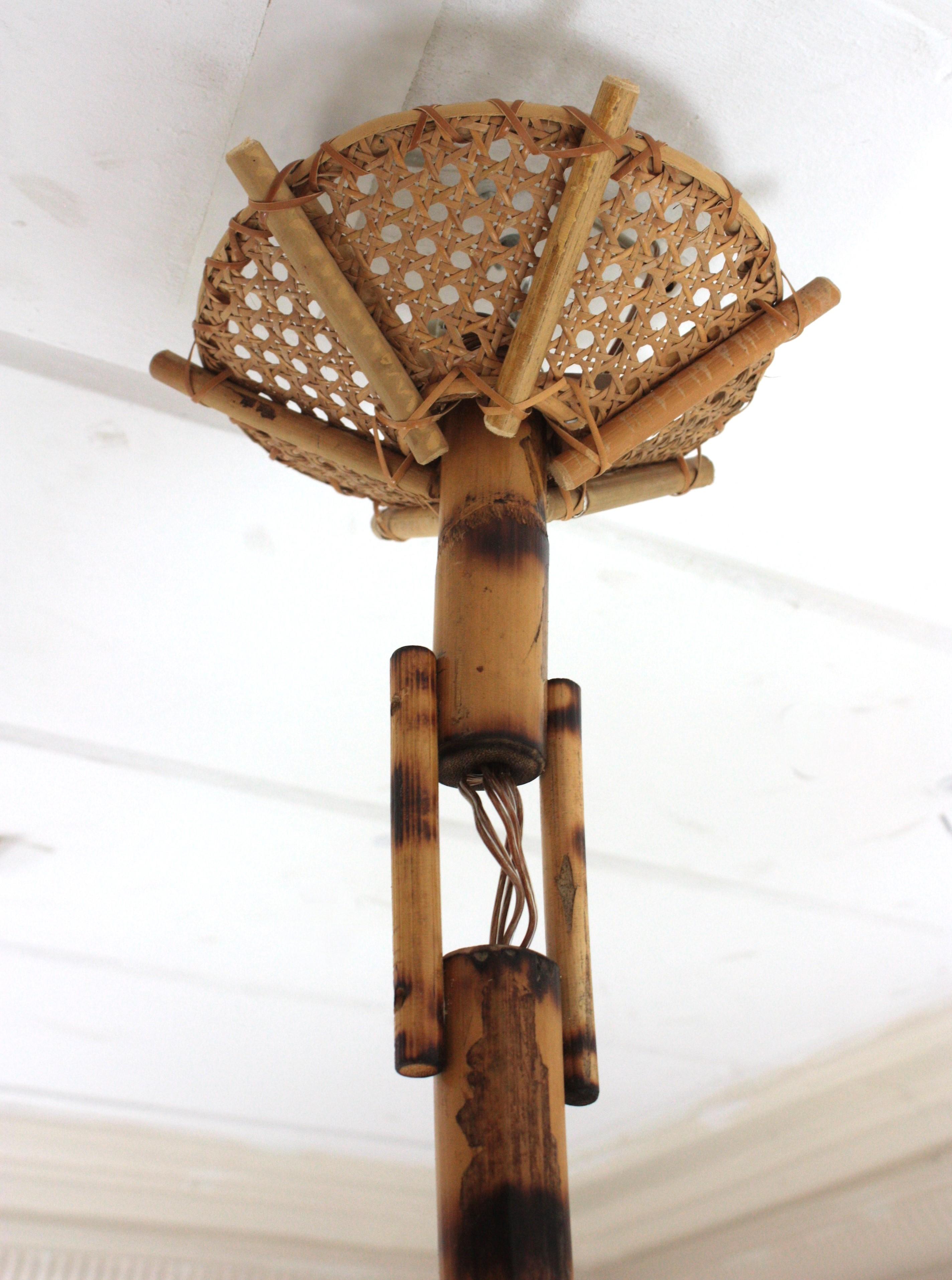 Bamboo Rattan Three-Arm Chandelier with Wicker Conical Lampshades For Sale 9
