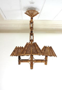Bamboo Rattan Three-Arm Chandelier with Wicker Conical Lampshades