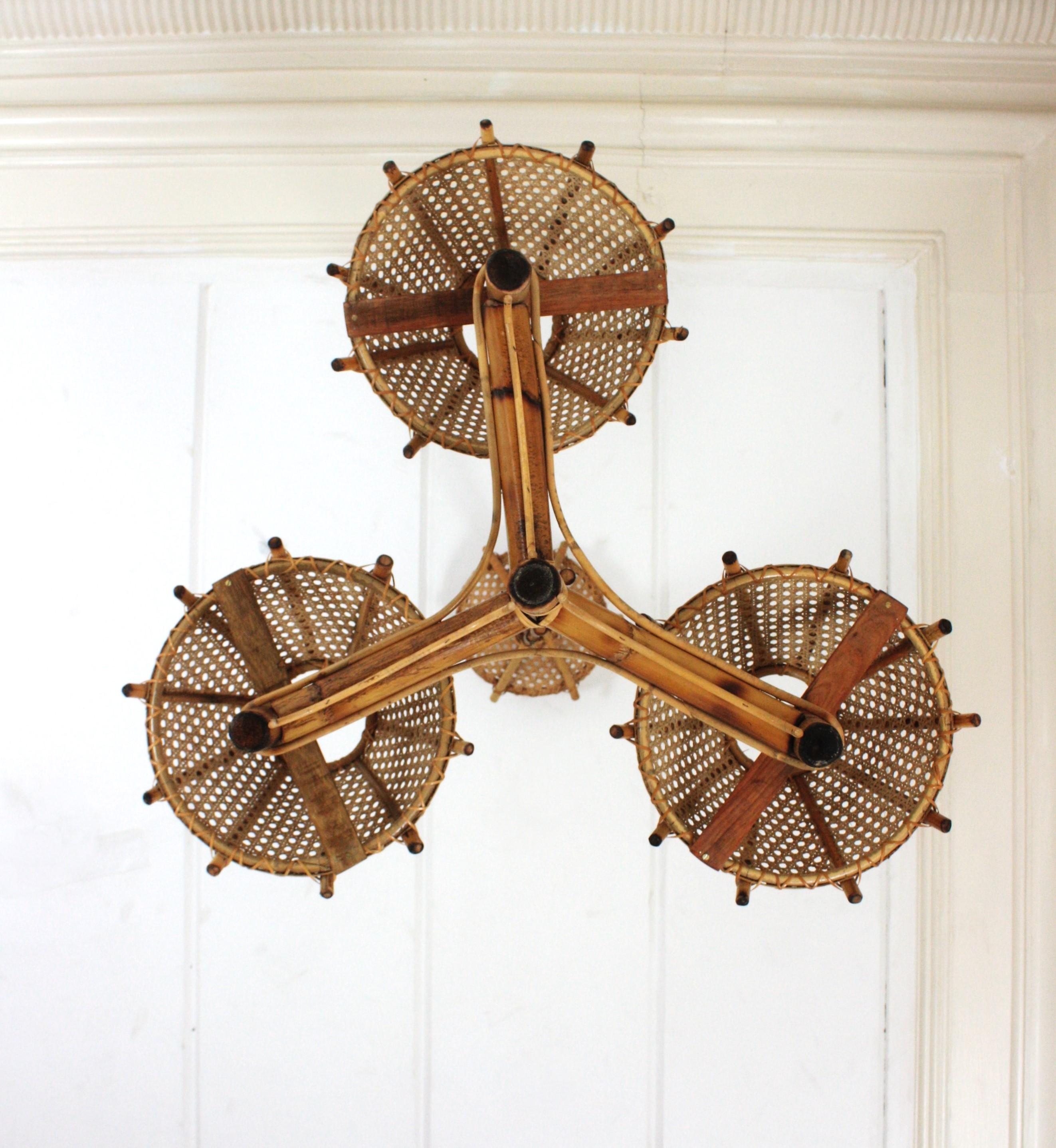 Italian Bamboo Rattan Three-Arm Chandelier with Wicker Conical Lampshades For Sale