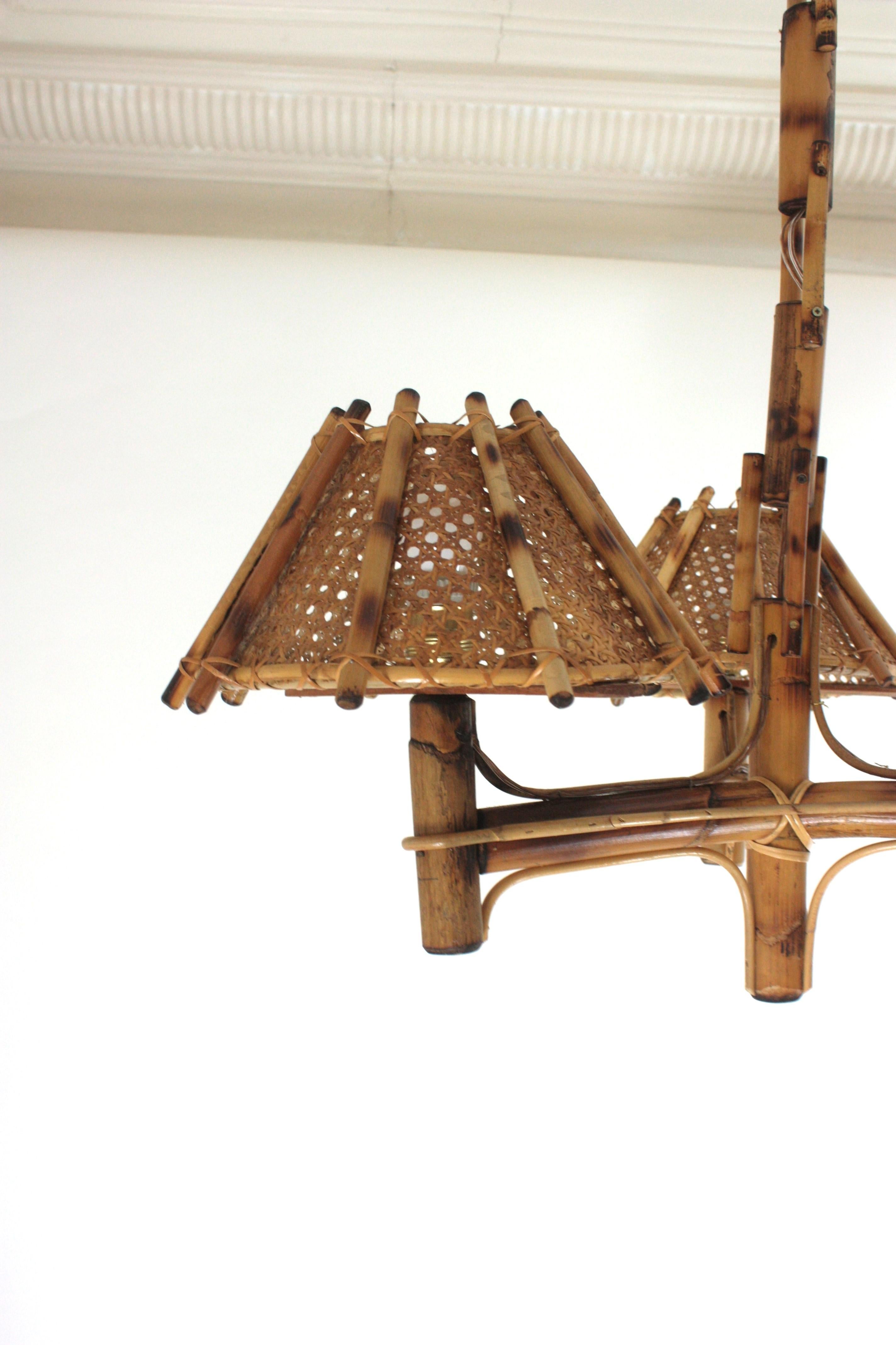 20th Century Bamboo Rattan Three-Arm Chandelier with Wicker Conical Lampshades For Sale