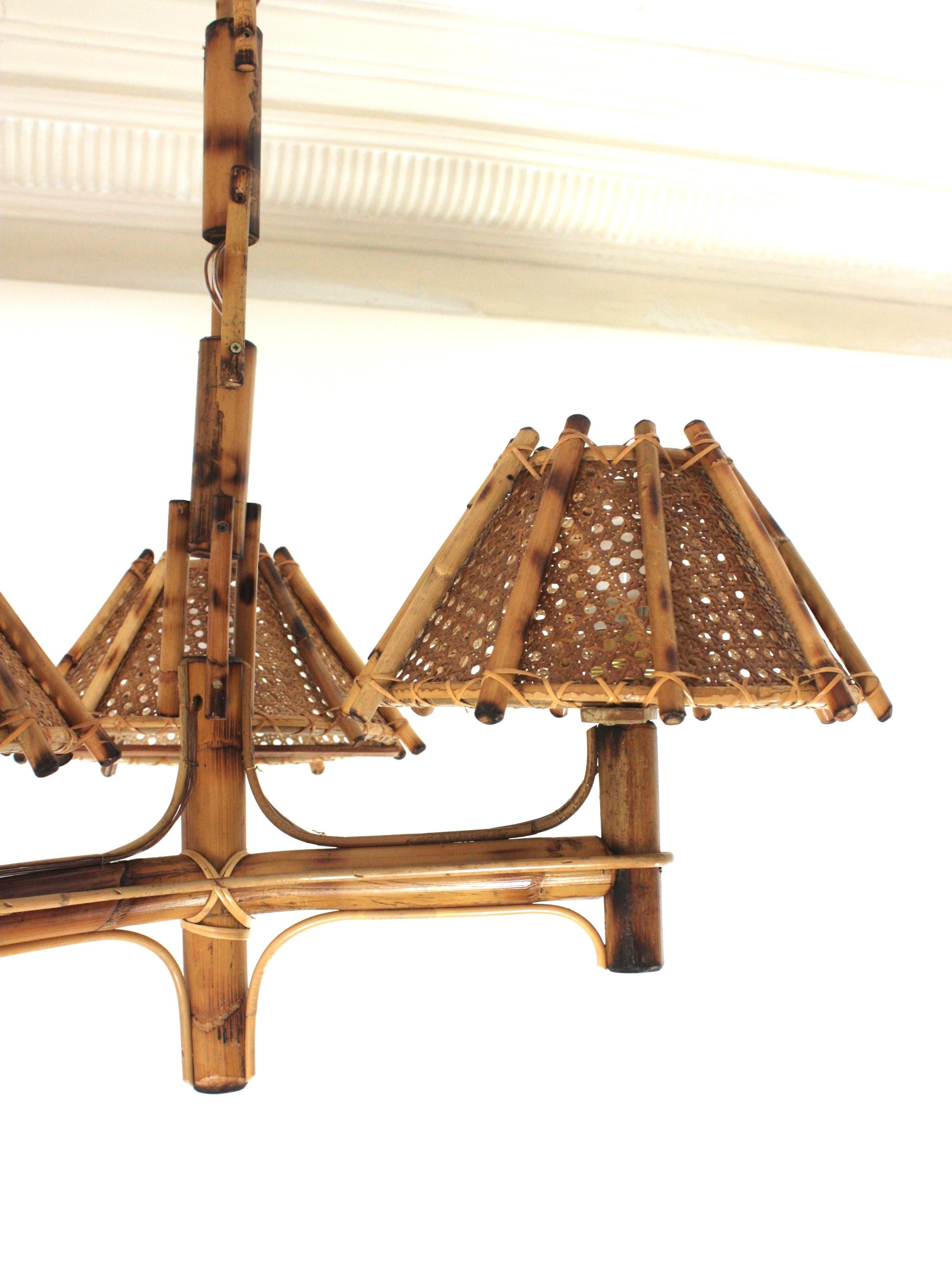 Bamboo Rattan Three-Arm Chandelier with Wicker Conical Lampshades For Sale 1