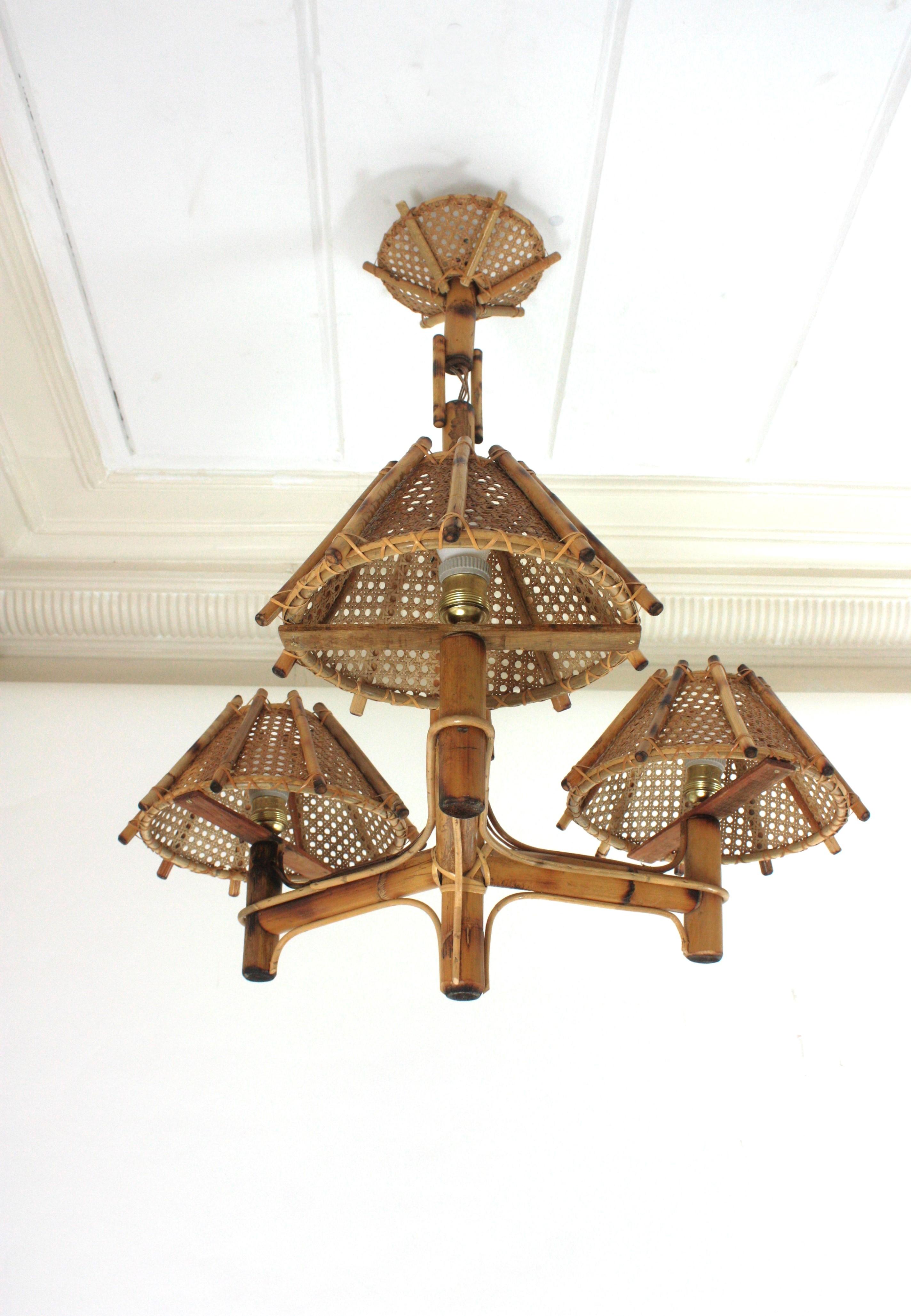 Bamboo Rattan Three-Arm Chandelier with Wicker Conical Lampshades For Sale 2