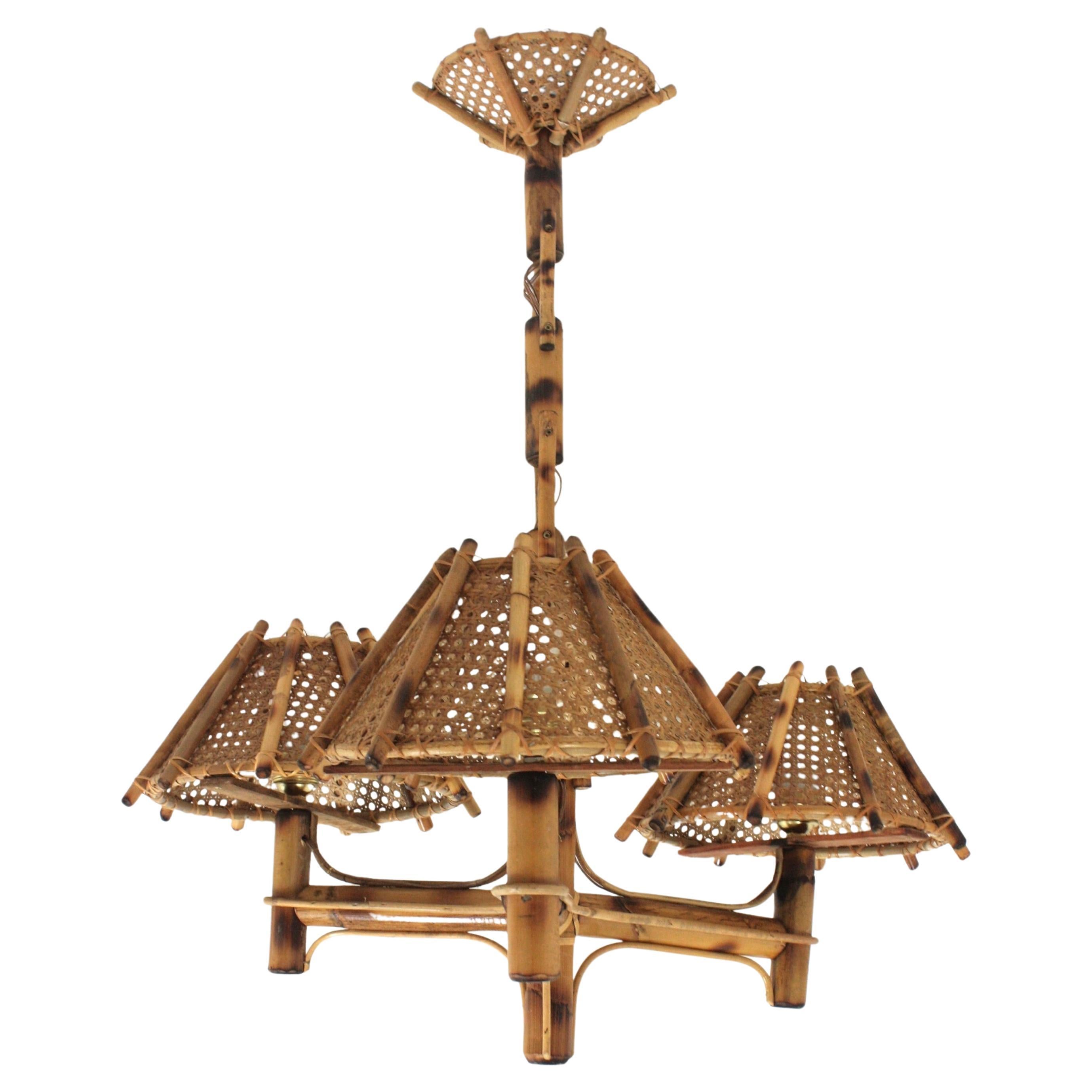 Bamboo Rattan Three-Arm Chandelier with Wicker Conical Lampshades For Sale