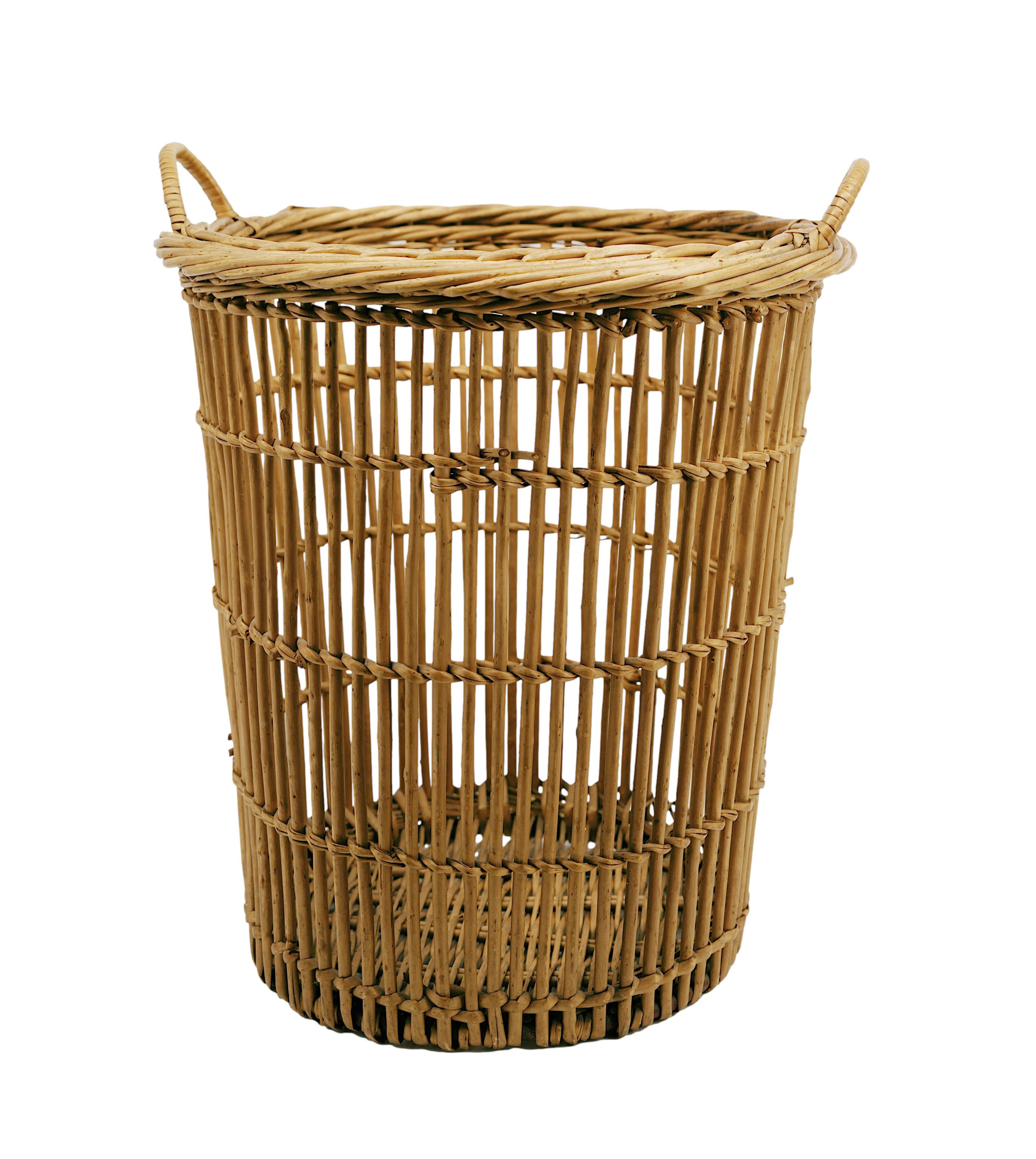 Mid-century bamboo and rattan trash can or paper bin, France, 1950s.  Height : 15.8