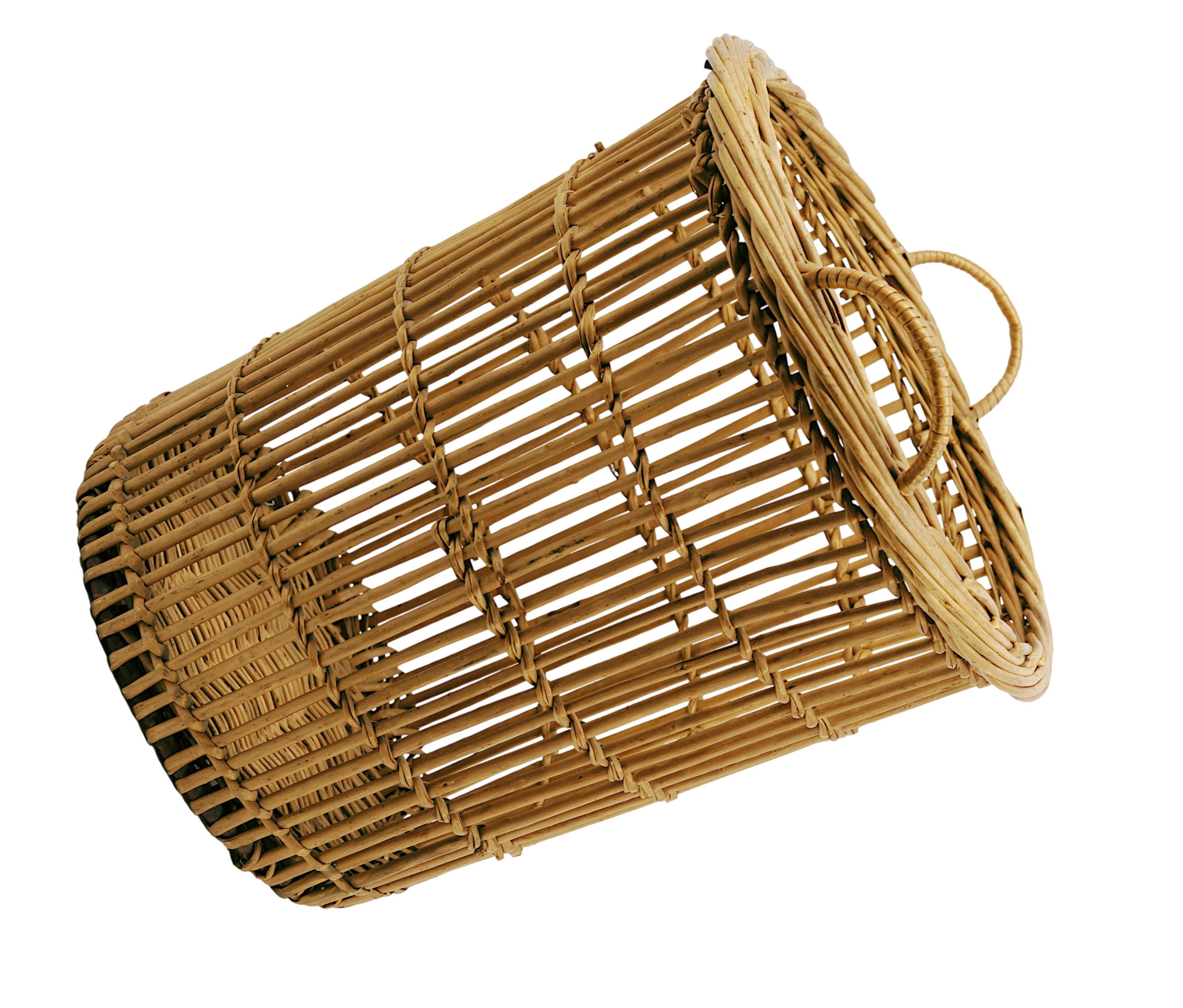 French Bamboo & Rattan Trash Can or Paper Bin, 1950s