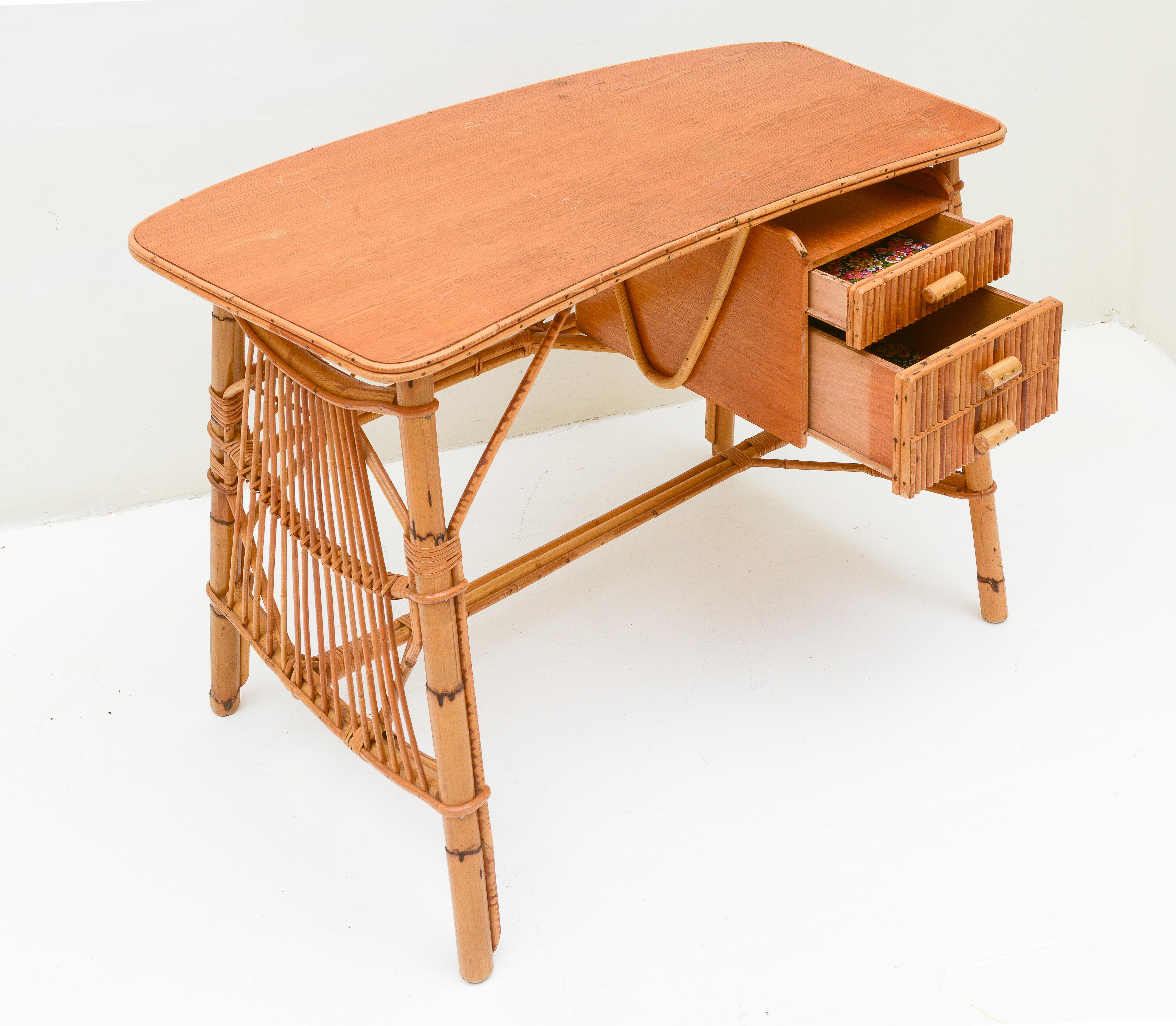 Mid-Century Modern Bamboo Rattan Vintage French Desk, France, 1970's