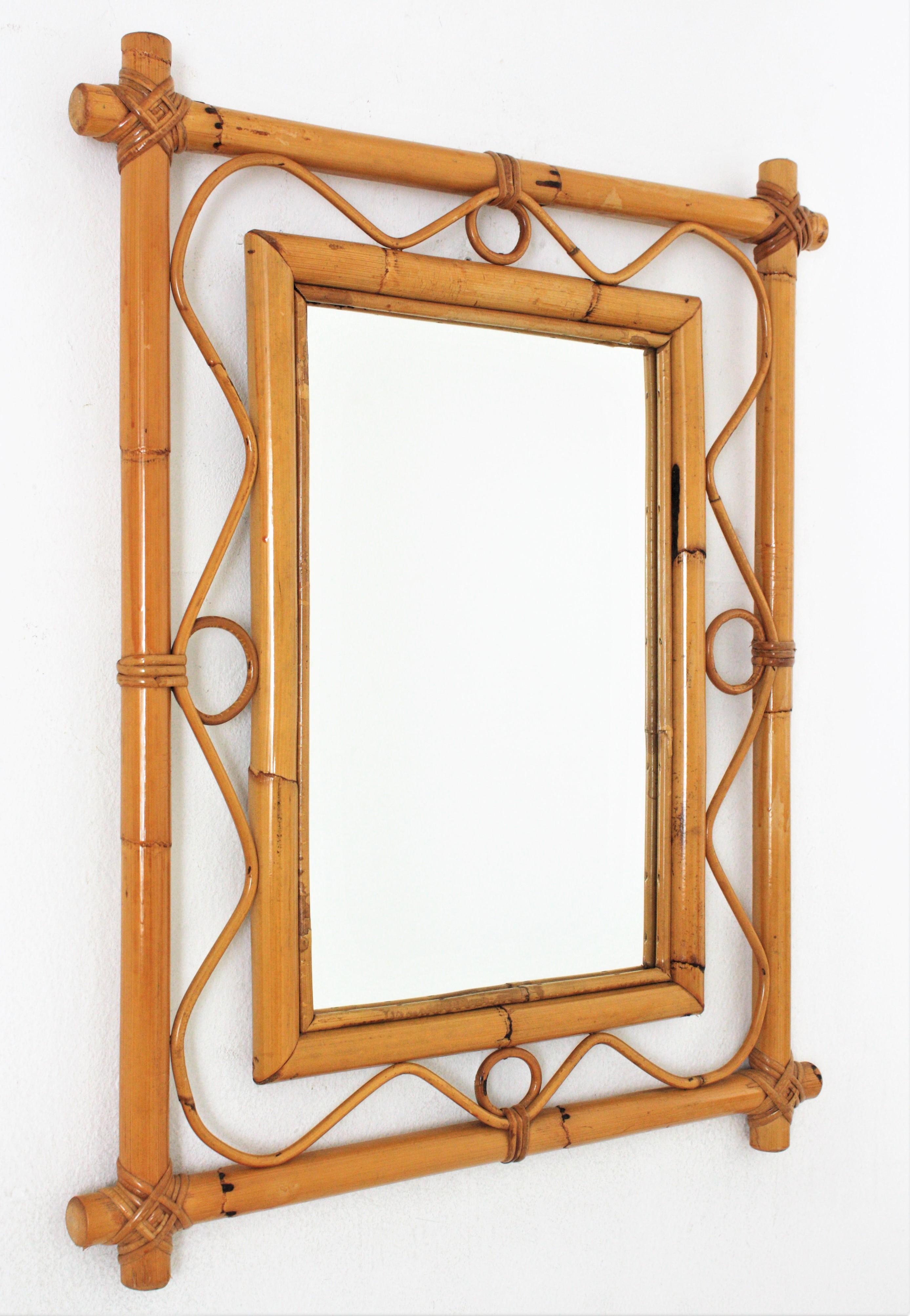Franco Albini Stil Rattan-Bambus Rechteckiger Spiegel, 1960er Jahre (Moderne der Mitte des Jahrhunderts) im Angebot