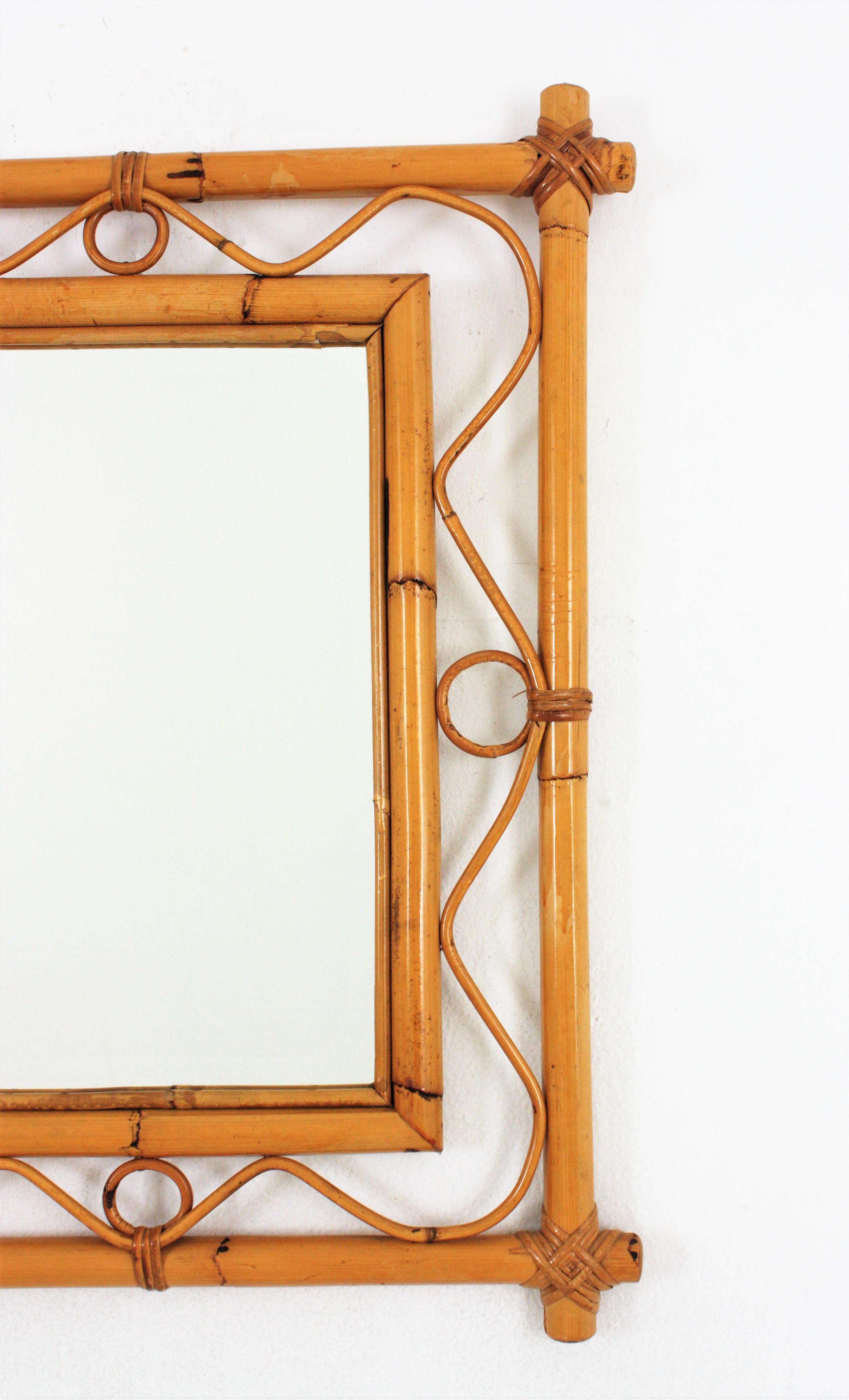 Mid-Century Modern Franco Albini Style Rattan Bamboo Rectangular Mirror, 1960s For Sale