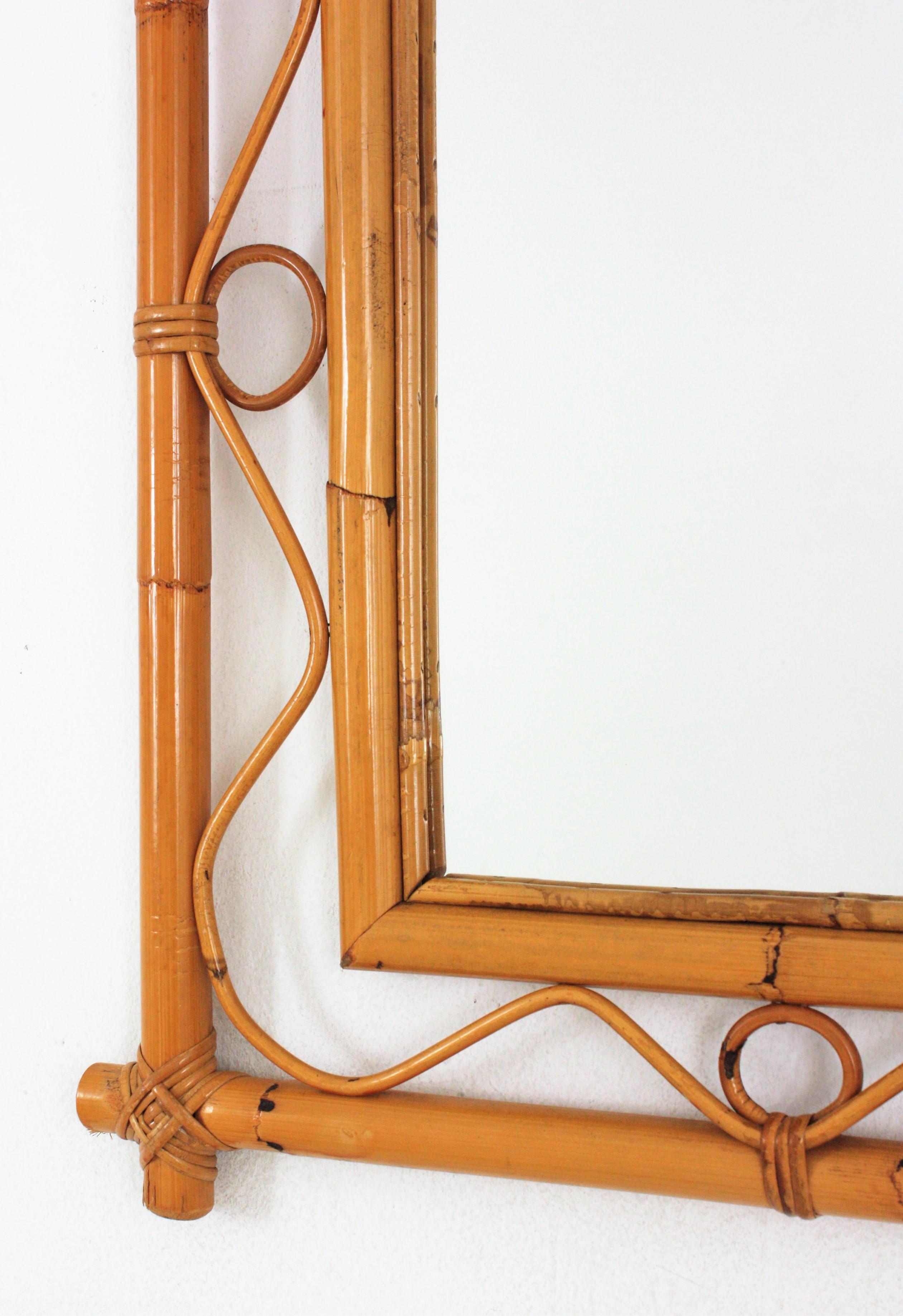 Hand-Crafted Franco Albini Style Rattan Bamboo Rectangular Mirror, 1960s For Sale