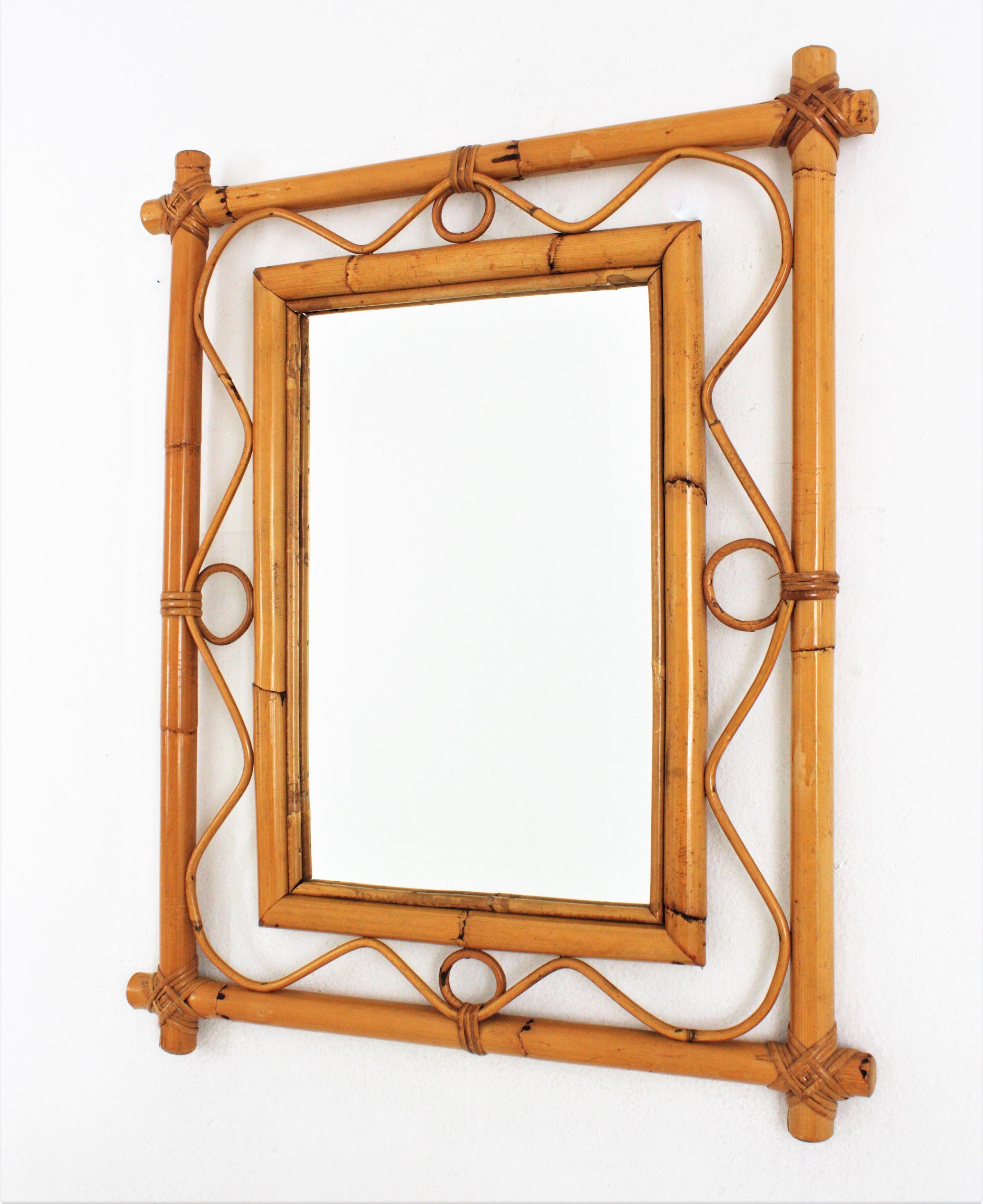 Franco Albini Style Rattan Bamboo Rectangular Mirror, 1960s In Good Condition For Sale In Barcelona, ES