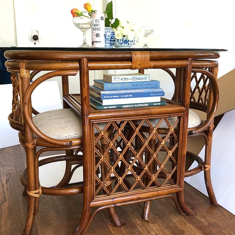 Chinoiserie Bamboo Rattan Wicker Cane Table and Chair Set or Dining Set with Glass Top 1970s