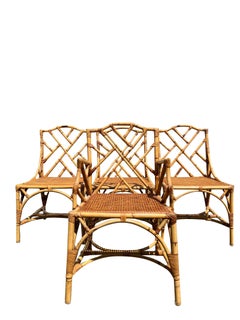 Bamboo Rattan Wicker Chairs With Cane Seating in Chippendale Style - Set of 4