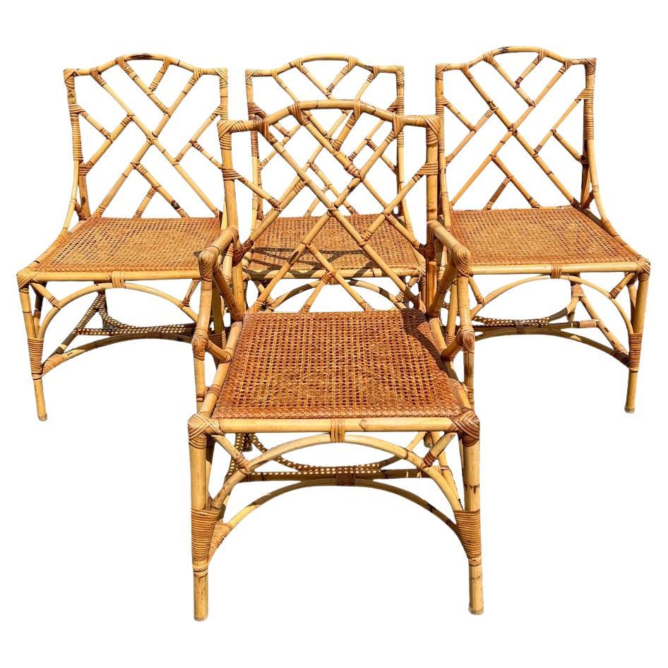Sedie di vimini in rattan di bambù con seduta a canne in stile Chippendale - Set di 4