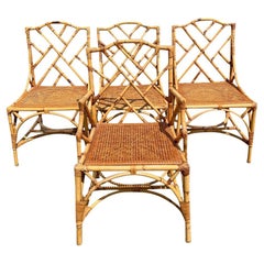 Sillas de mimbre de ratán de bambú con asiento de caña en estilo Chippendale - Set de 4