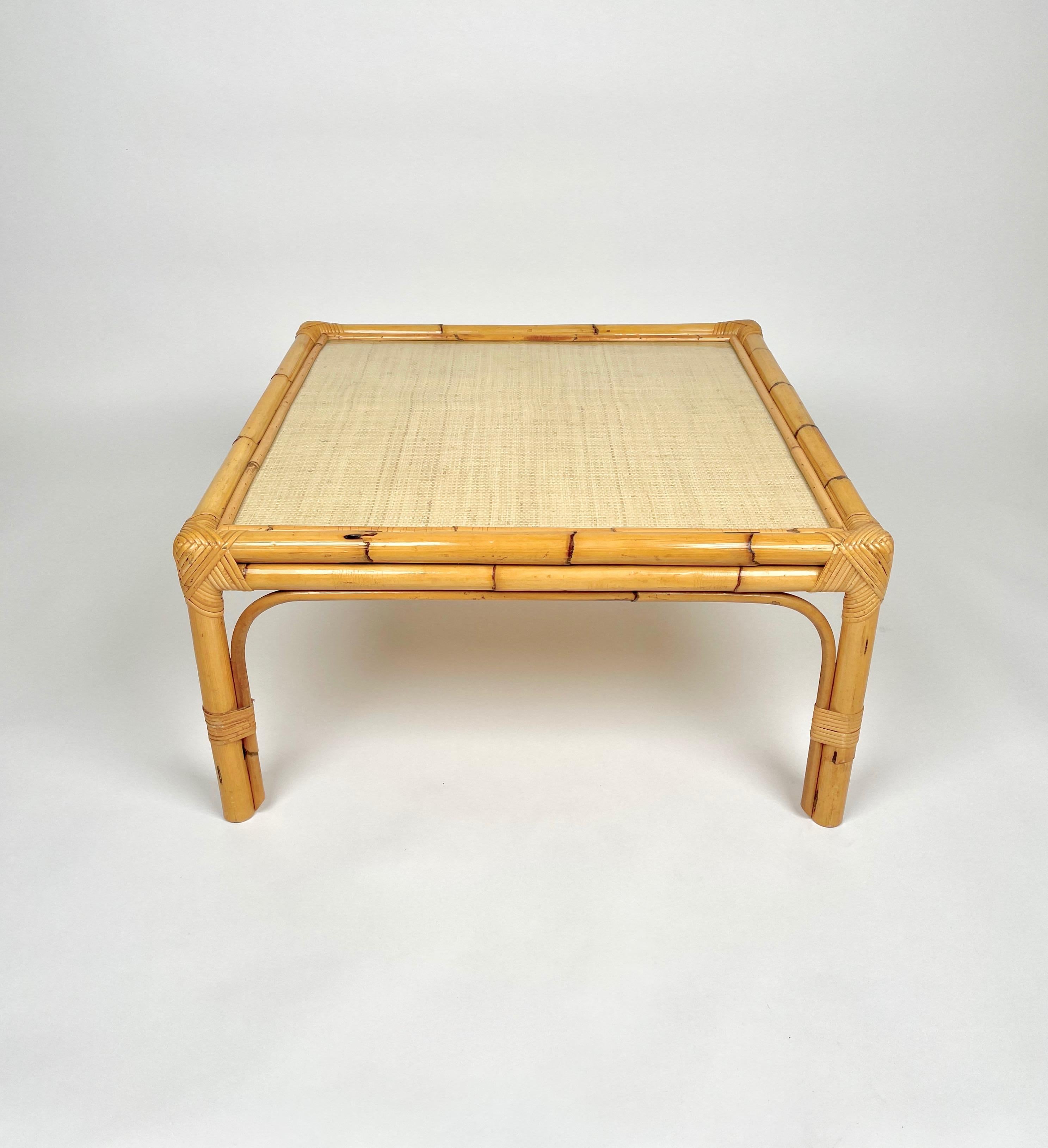 Mid-20th Century Bamboo, Rattan & Wicker Squared Coffee Table, Italy, 1960s For Sale